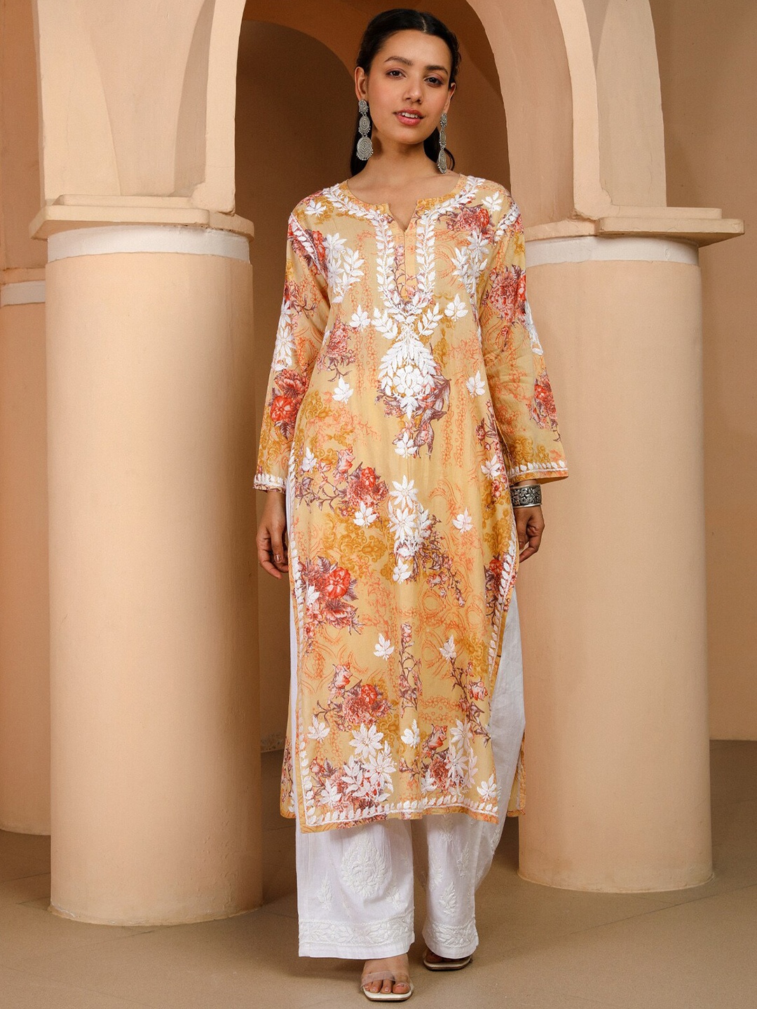 

House of Chikankari Floral Printed Straight Chikankari Cotton Kurta, Orange