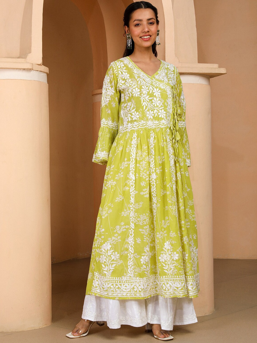 

House of Chikankari Embroidered Bell Sleeves Zainab Chikankari Mulmul Angrakha Kurta, Green