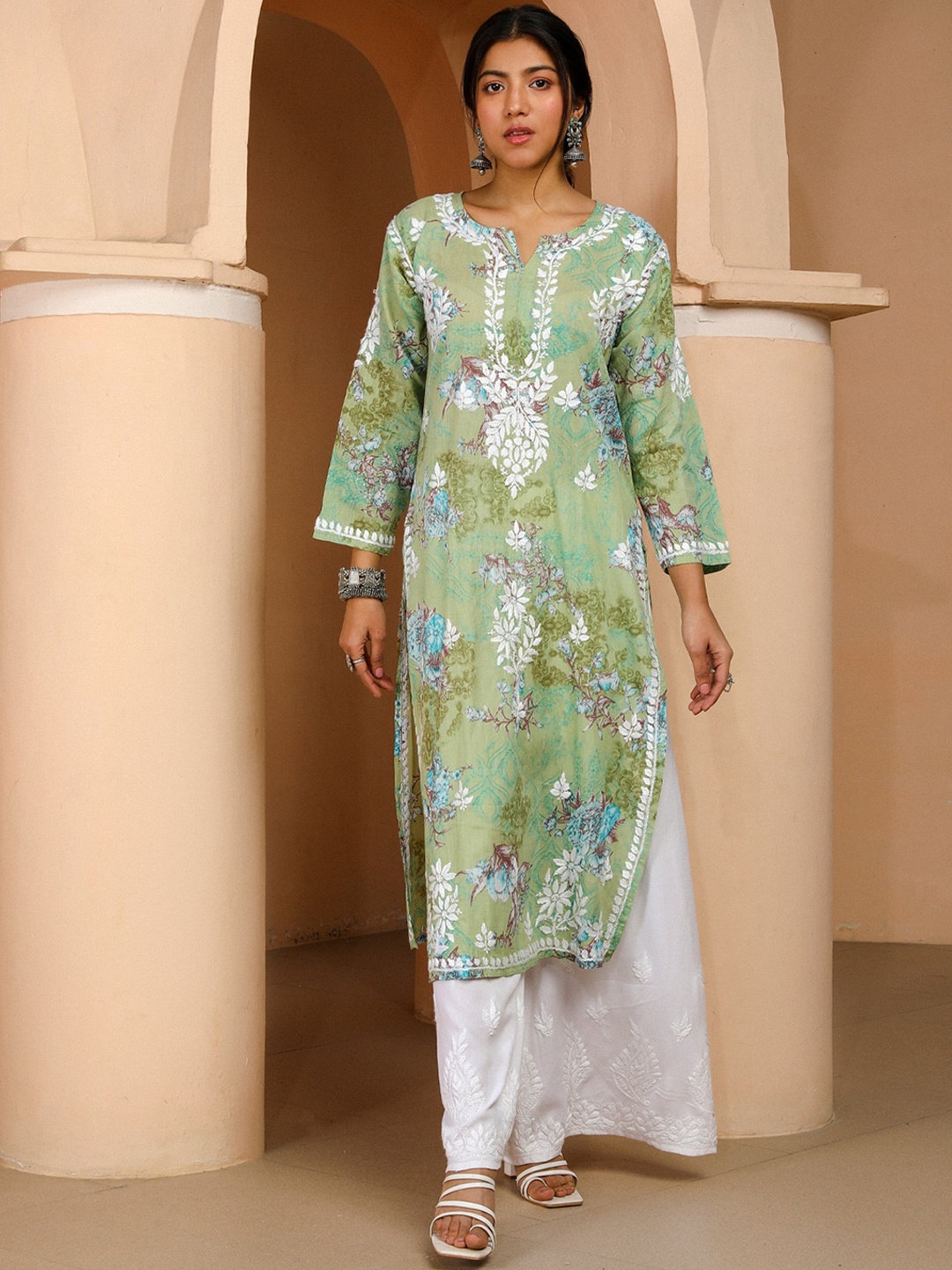 

House of Chikankari Chikankari Printed Kurta, Green