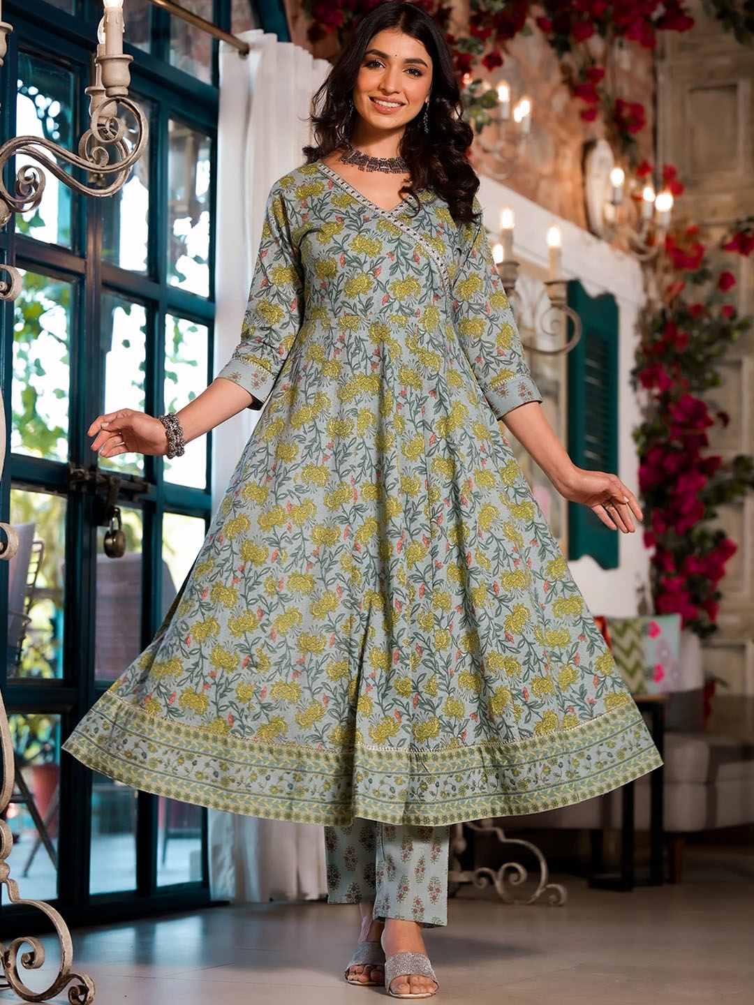 

AUTUMN LANE Floral Printed Pleated Pure Cotton Kurta With Trousers & Dupatta, Green