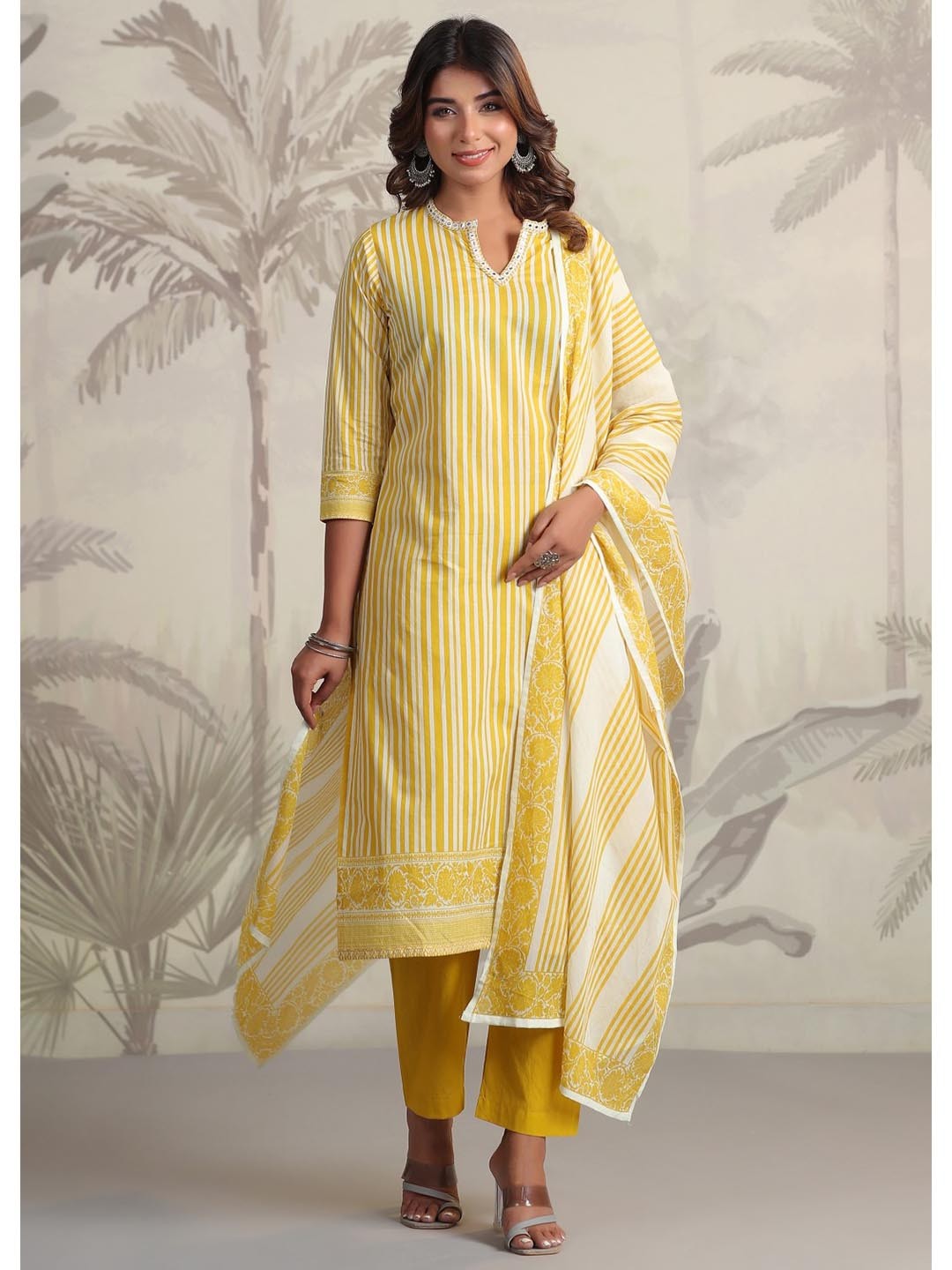 

AUTUMN LANE Striped Pure Cotton Notched Neck Straight Kurta with Trouser & Dupatta, Yellow