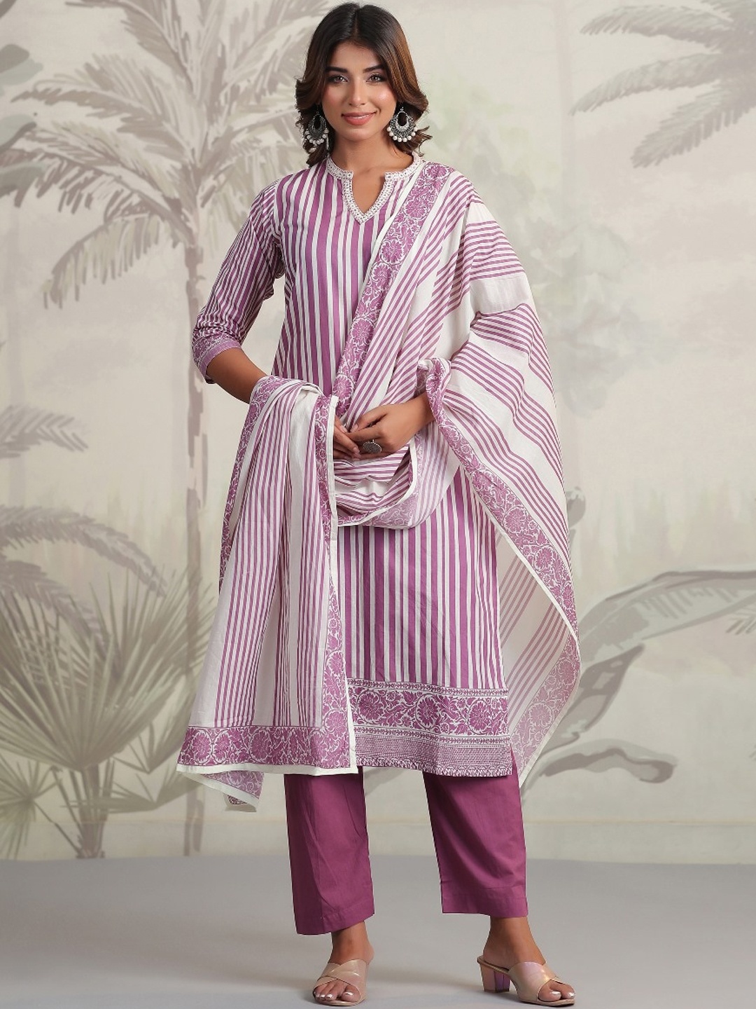 

AUTUMN LANE Printed Regular Pure Cotton Kurta With Trousers & Dupatta, Pink