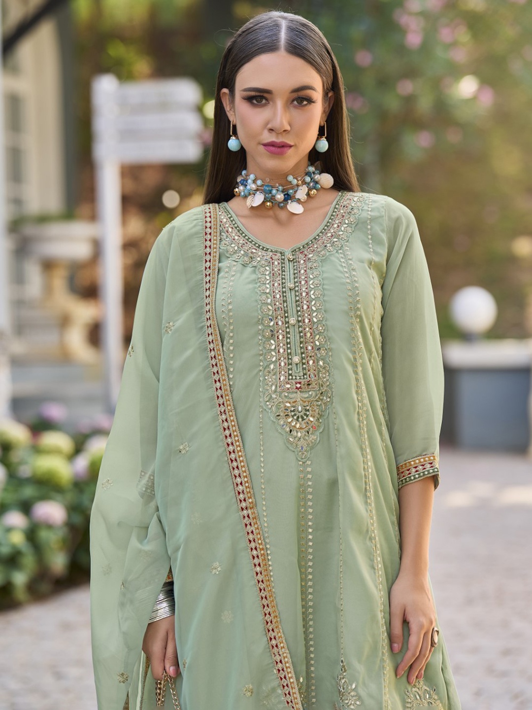 

AUTUMN LANE Ethnic Motifs Embroidered Cotton Straight Kurta With Dhoti Pants & Dupatta, Green