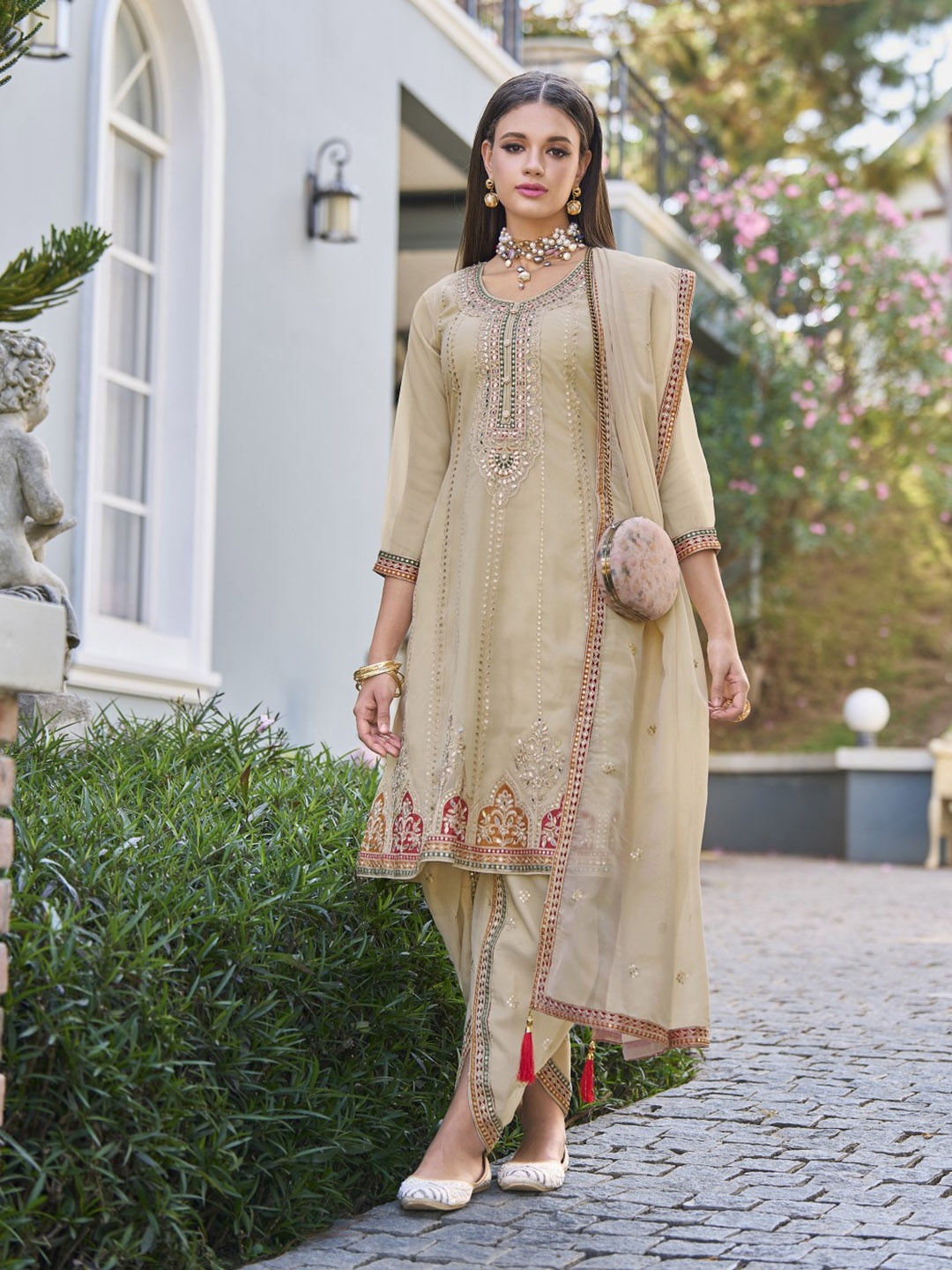 

AUTUMN LANE Ethnic Motifs Embroidered Regular Pure Cotton Kurta With Dhoti Pants & Dupatta, Yellow