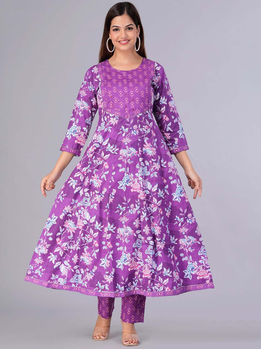 

ASHRU Floral Printed Panelled Mirror Work Kurta With Trousers & Dupatta, Purple