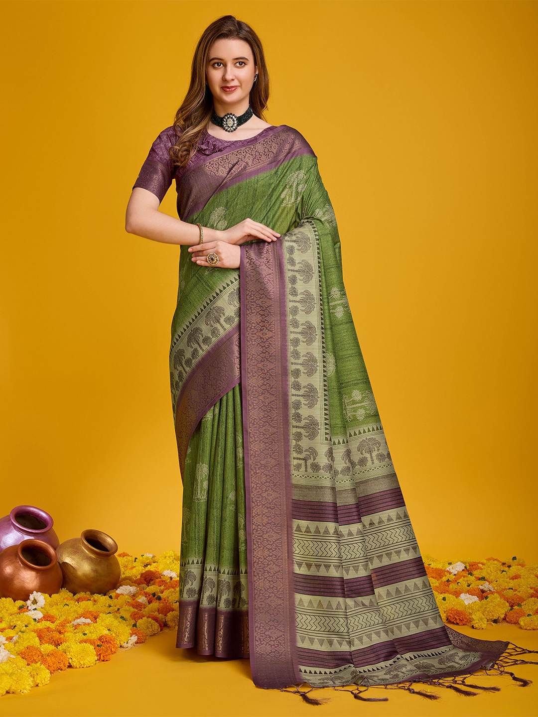 Mitera Floral Printed Zari Silk Cotton Saree, Green