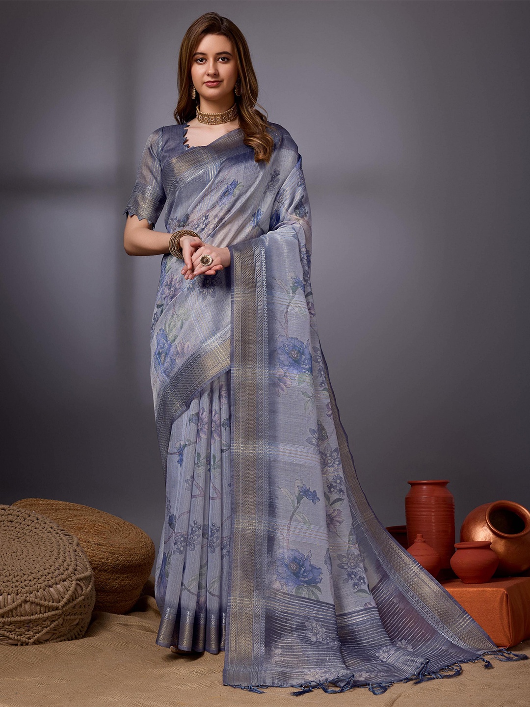 

Mitera Floral Printed Organza Saree, Grey