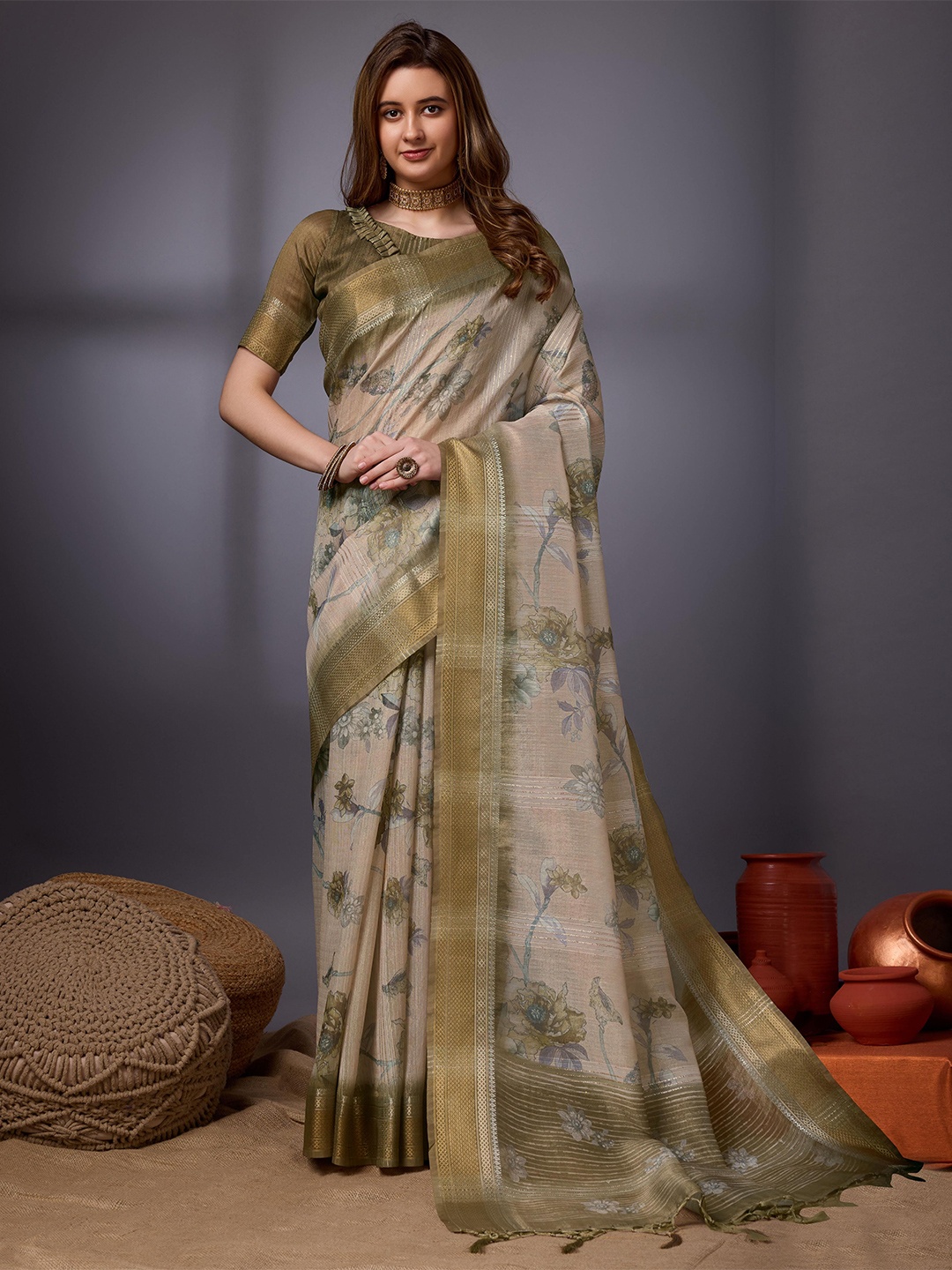 

Mitera Floral Printed Organza Saree, Green