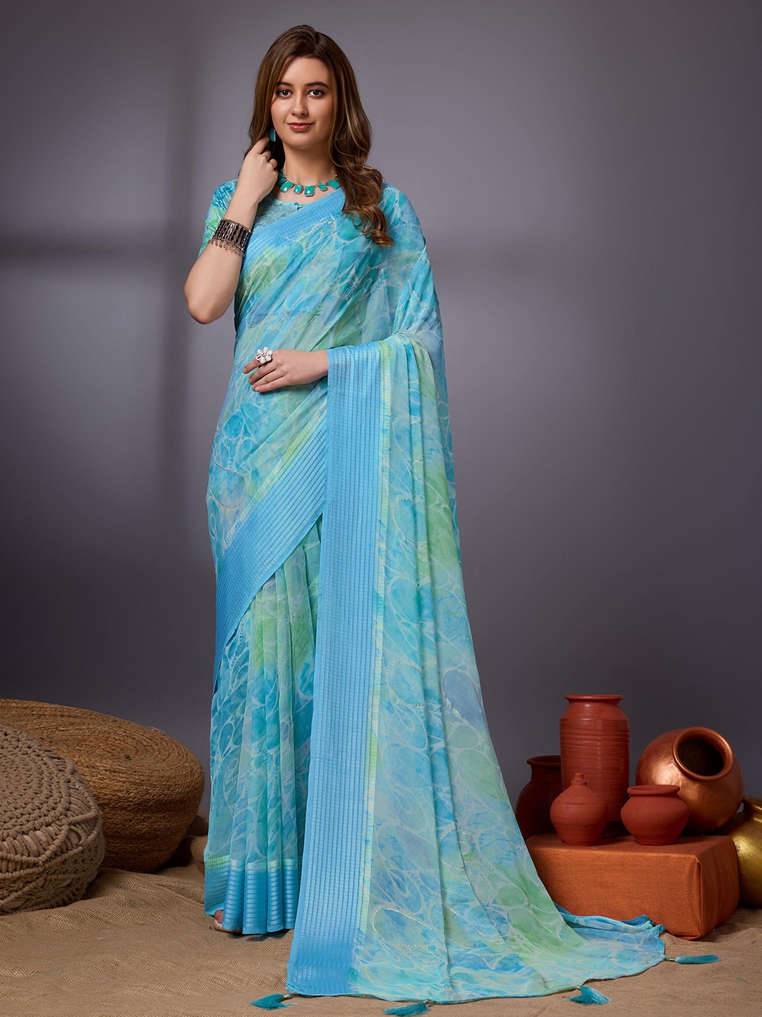 

Mitera Floral Printed Pure Georgette Saree, Blue