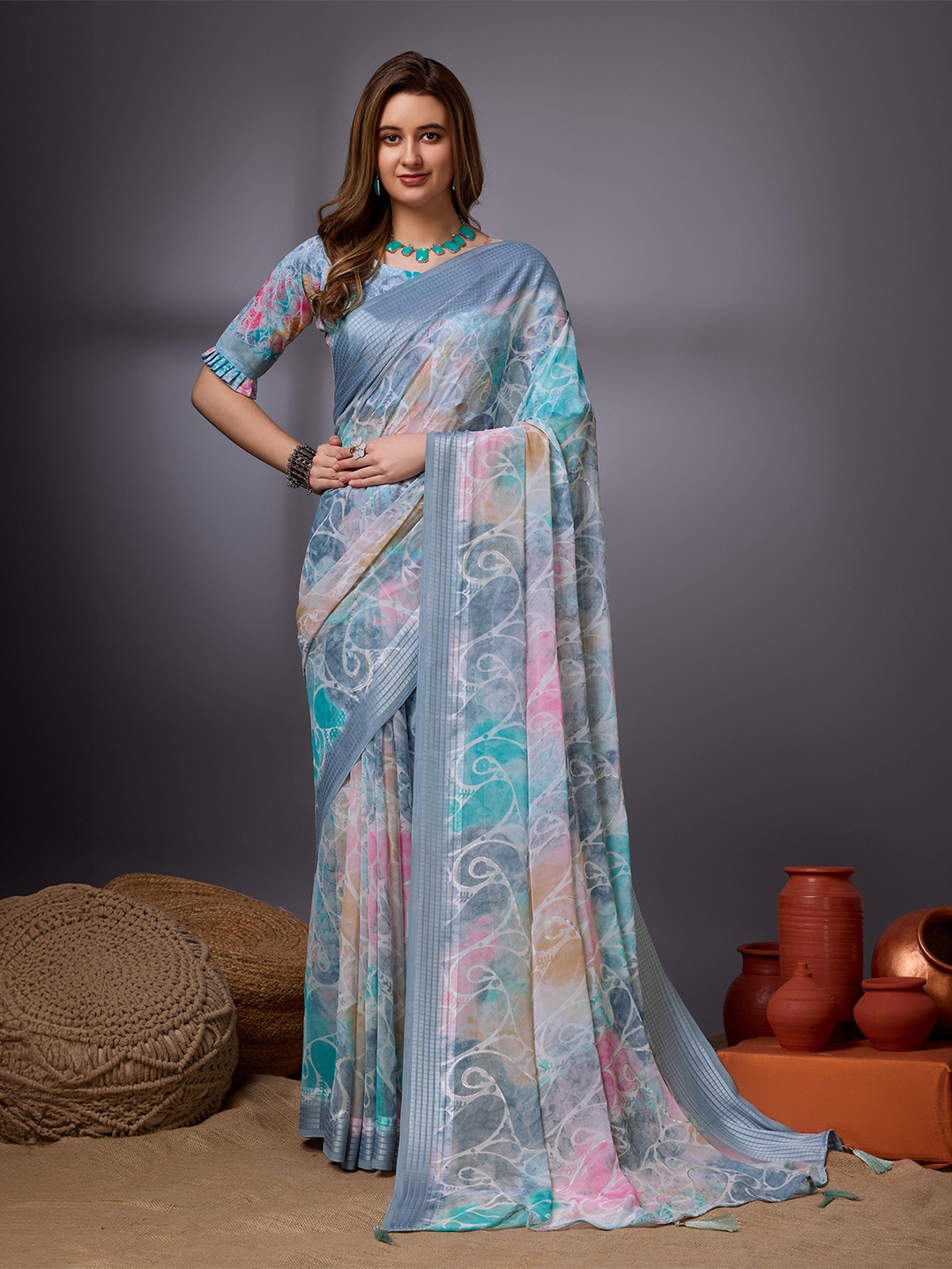 

Mitera Floral Printed Woven Design Zari Pure Georgette Saree, Grey