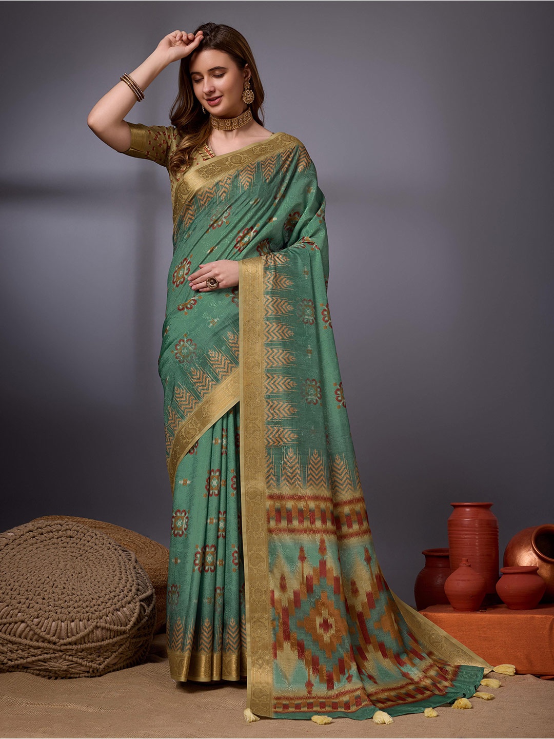 

Mitera Floral Printed Zari Saree, Sea green