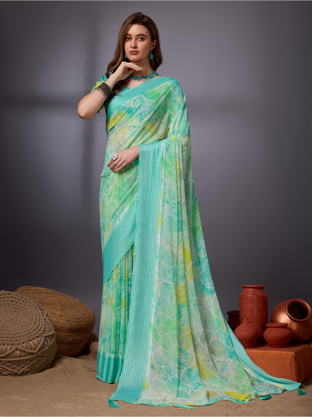 

Mitera Paisley Printed Woven Design Pure Georgette Saree, Green