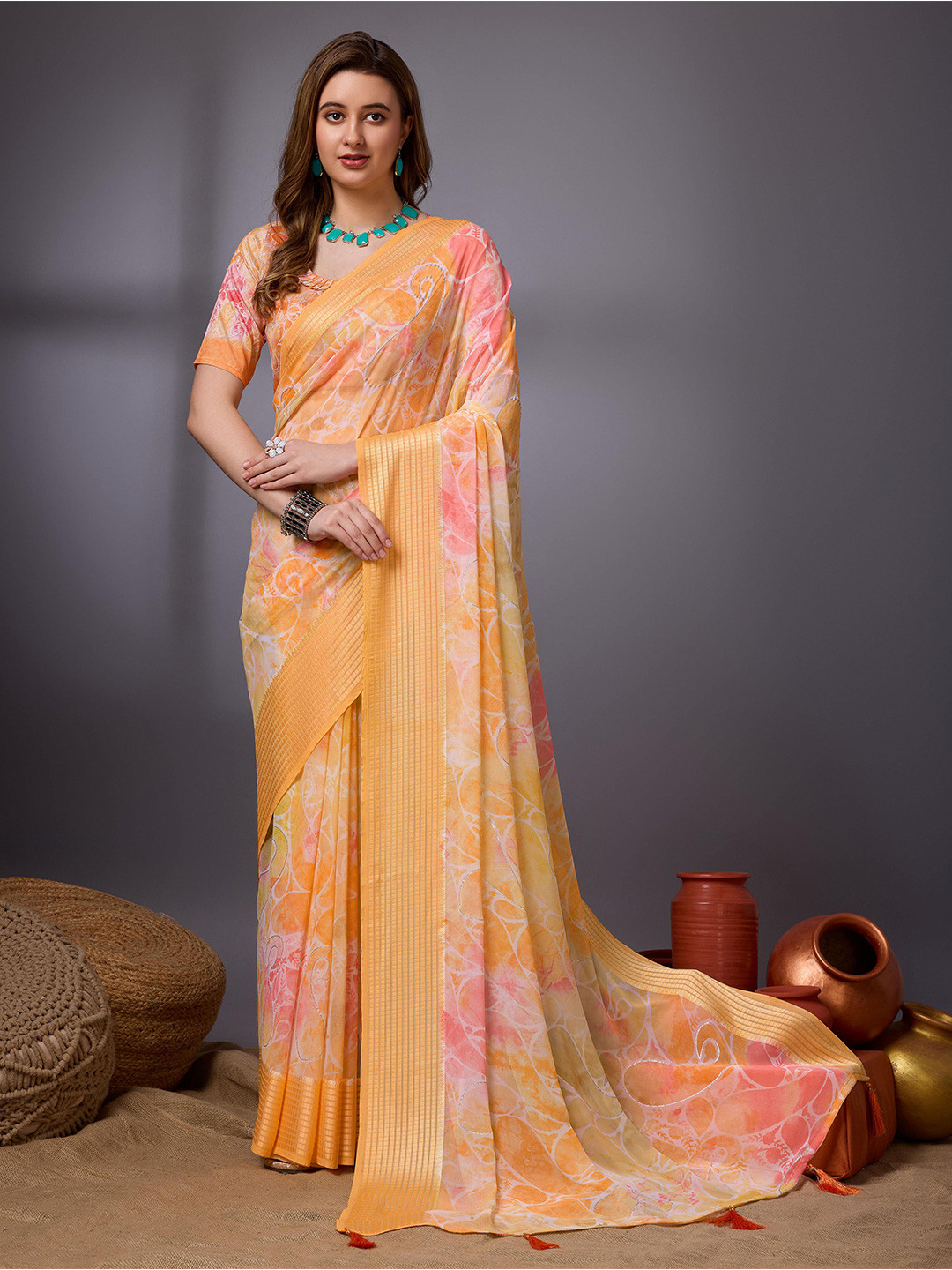 

Mitera Floral Printed Pure Georgette Saree, Orange
