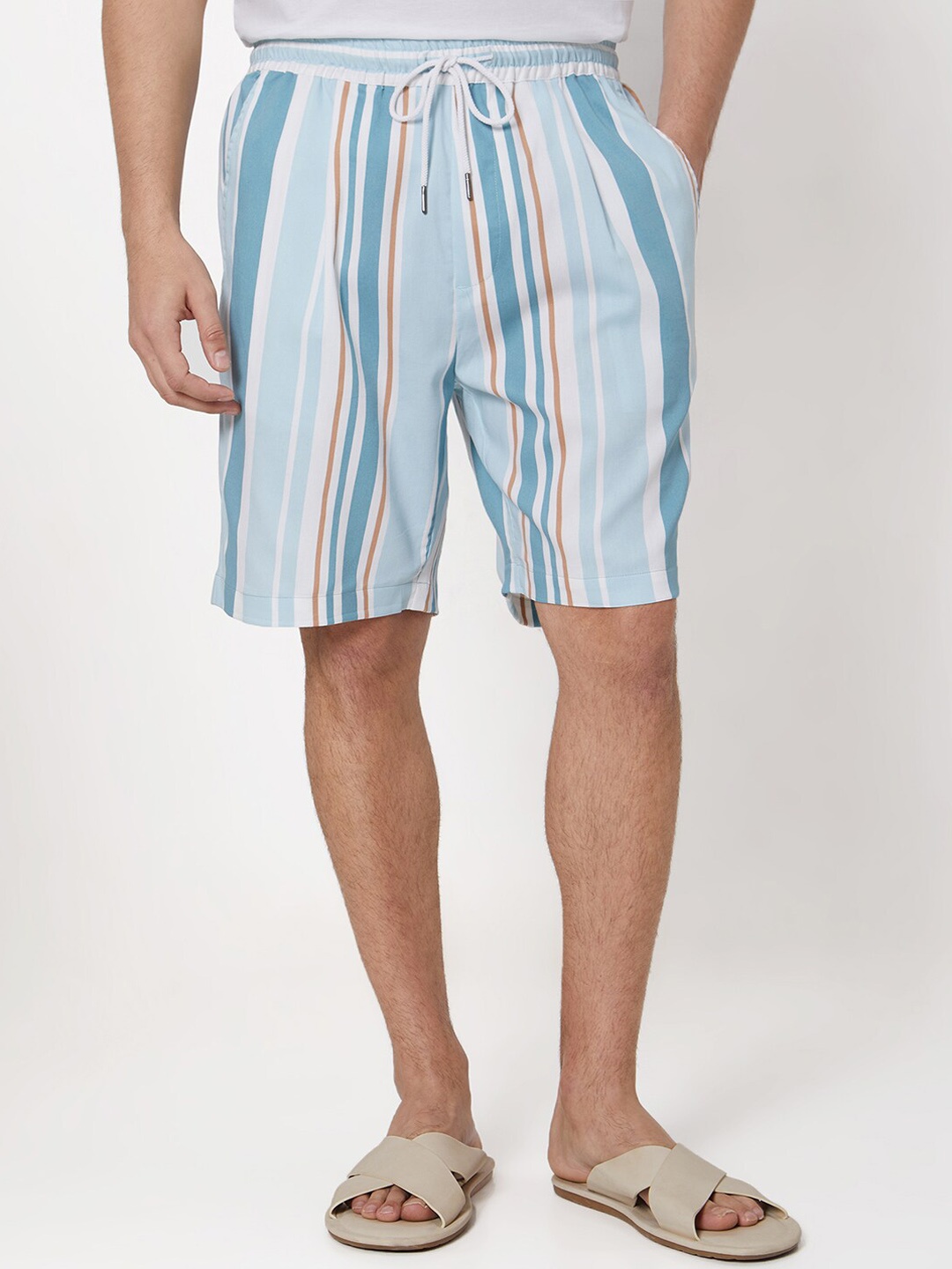 

Mufti Men Mid-Rise Striped Cotton Shorts, Teal