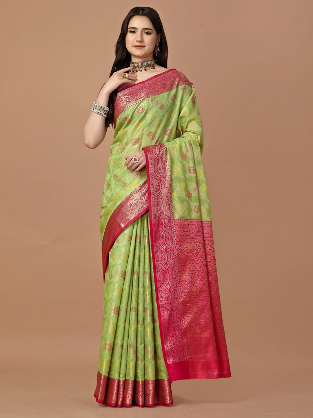 

JUST FASHION Floral Woven Design Banarasi Zari Saree, Lime green