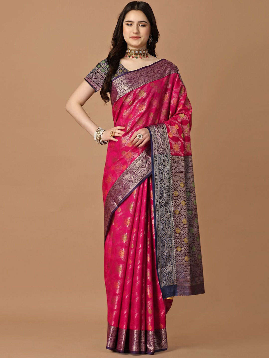 

JUST FASHION Floral Woven Design Banarasi Zari Saree, Pink