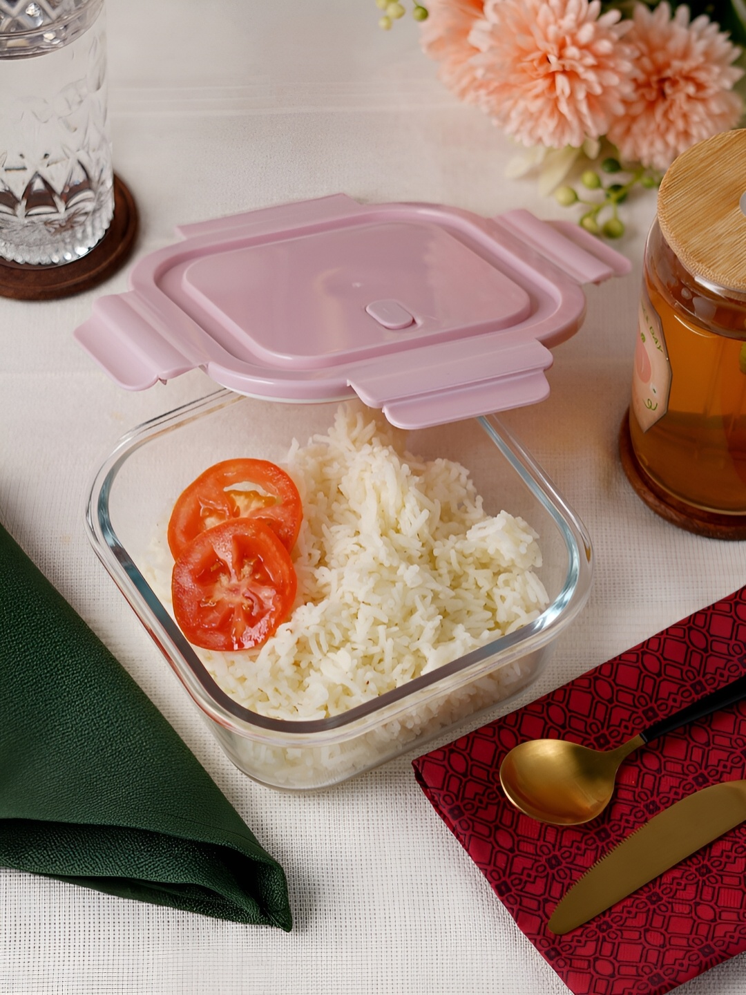 

ceradeco Pink Square Shaped Glass Lunch Box 800ml
