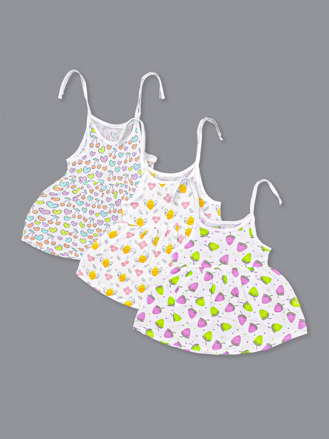 

Born Babies Girls Pack Of 3 Print Sleeveless Knot Frock Organic Cotton Fit & Flare Dress, Multi
