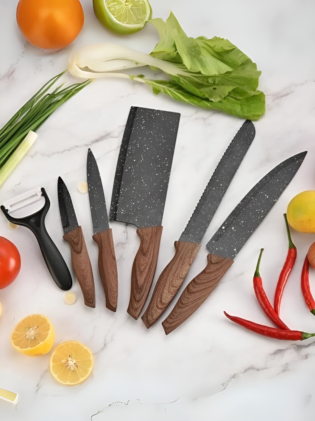 

UniKart Luxury Black 5 Pieces Carbon Steel PP Marble Coated Knives With 1 Peeler, Brown