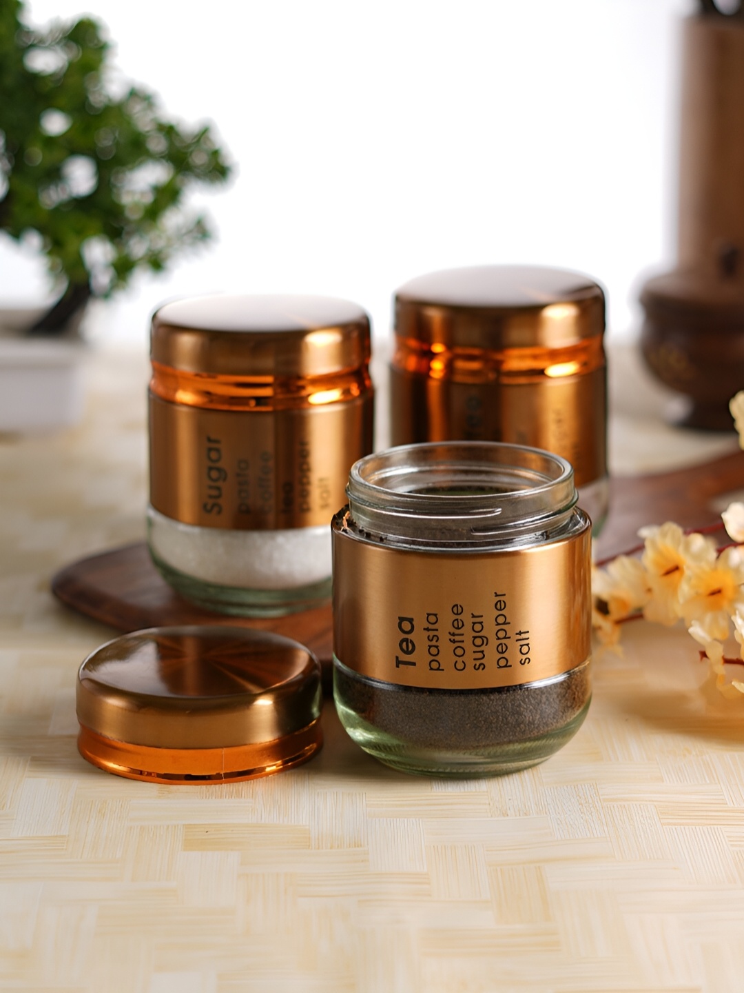 

Aura Gold Toned & Transparent 3 Pieces Glass Canister