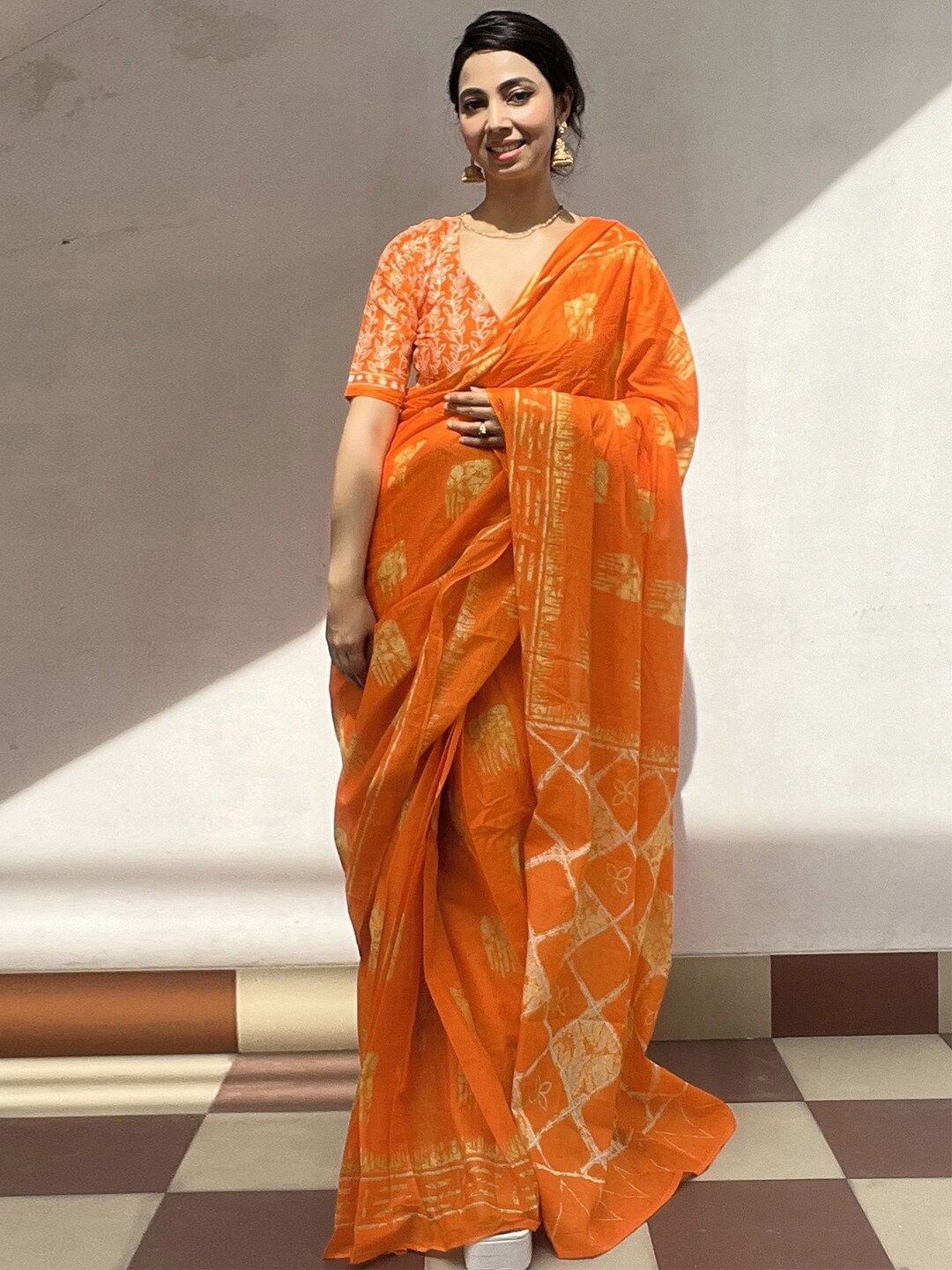 

Saree mall Pure Cotton Block Print Ready to Wear Saree, Orange
