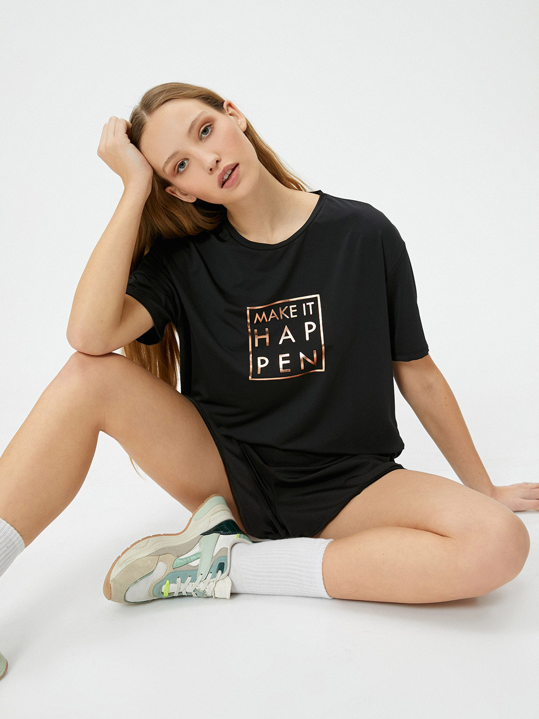 

Koton Women Typography Printed Relaxed Fit T-shirt, Black