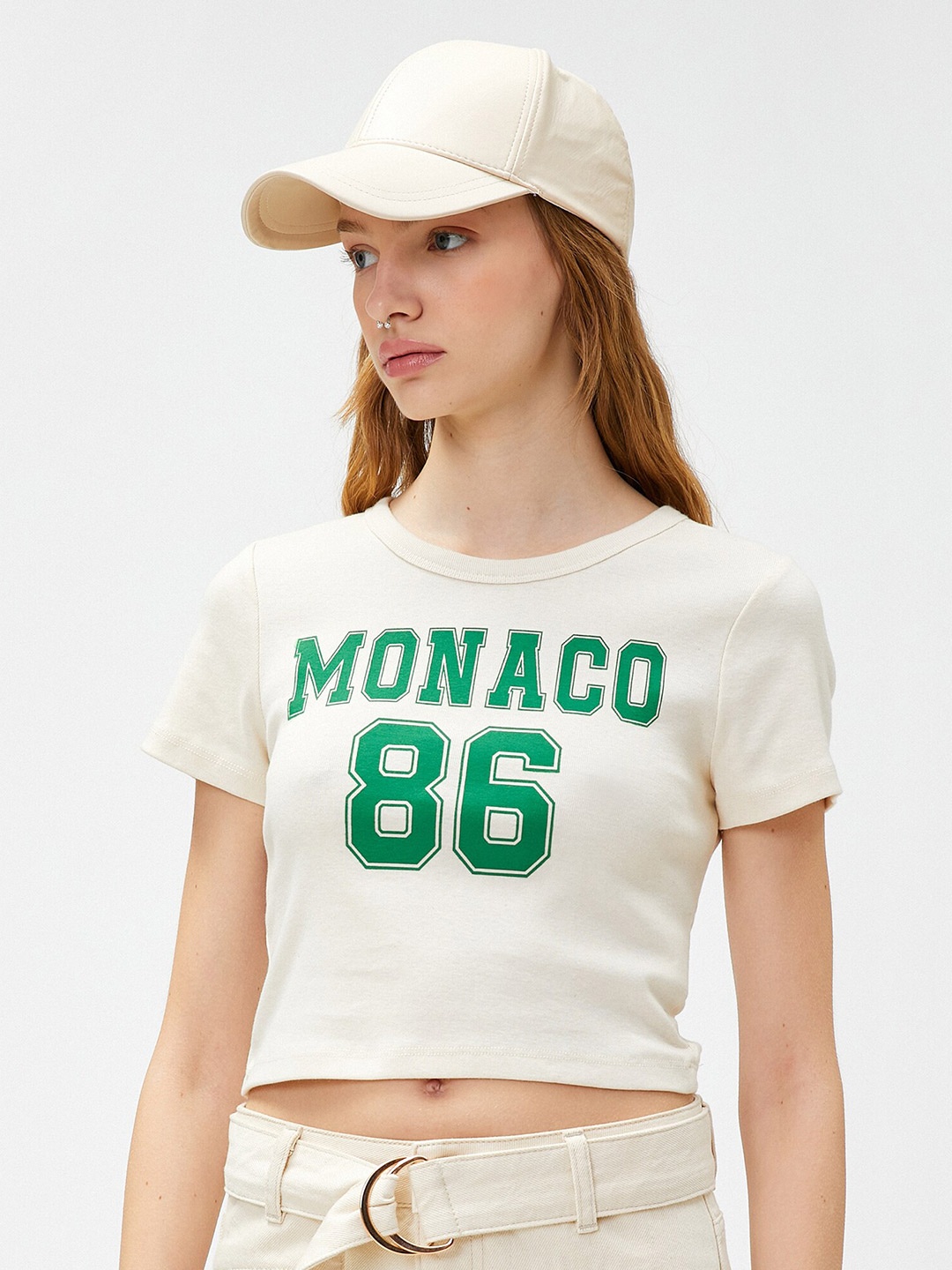 

Koton Typography Printed Cotton Round Neck Crop T-shirt, Beige