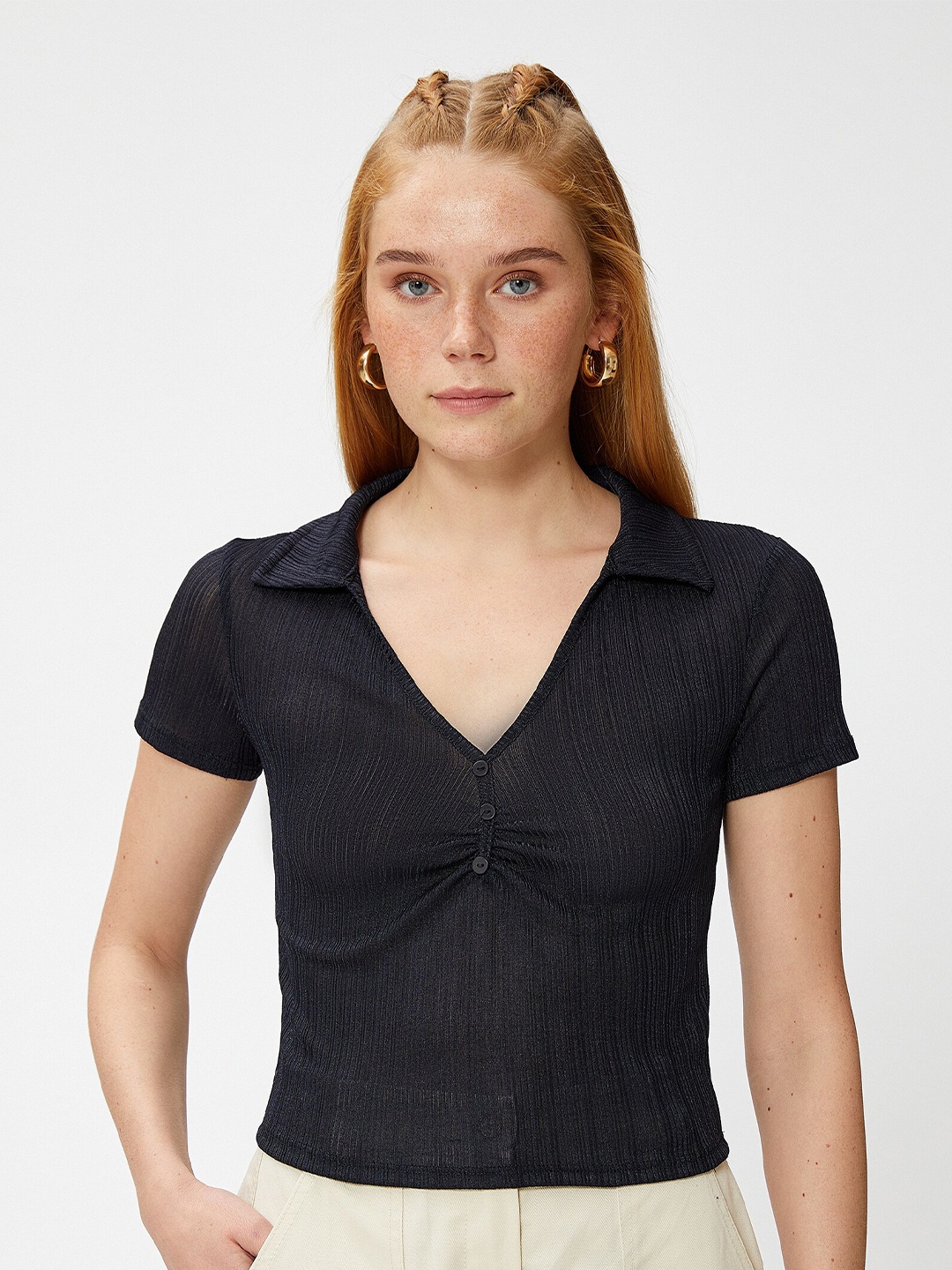 

Koton Self Design V- Neck T-shirt, Black