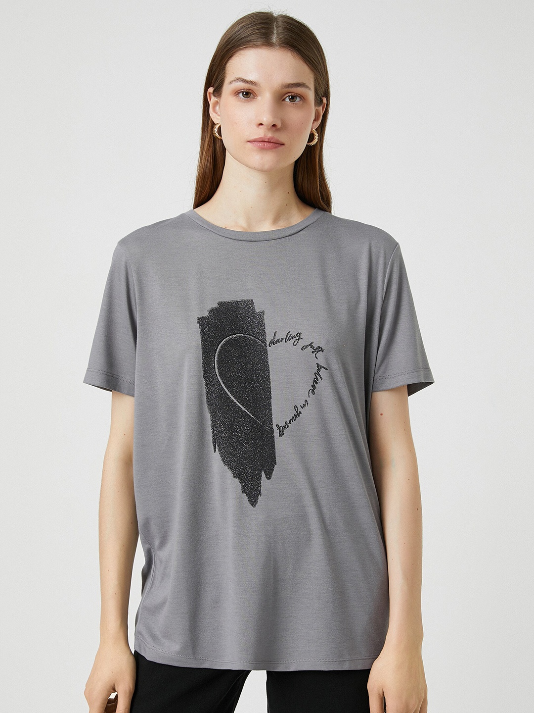 

Koton Graphic Printed Round Neck Short Sleeves T-shirt, Grey