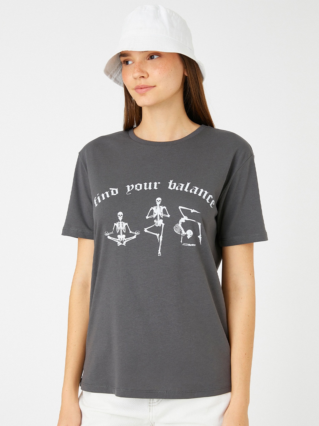 

Koton Graphic Printed Round Neck Short Sleeves Cotton T-shirt, Grey