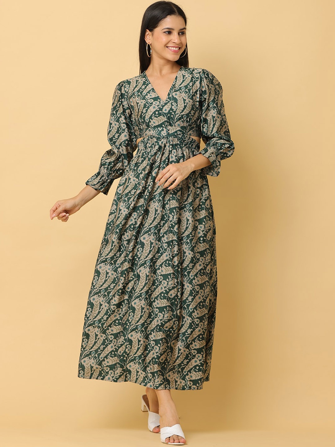 

Cora Floral Printed V-Neck Top With Flared Skirt, Green