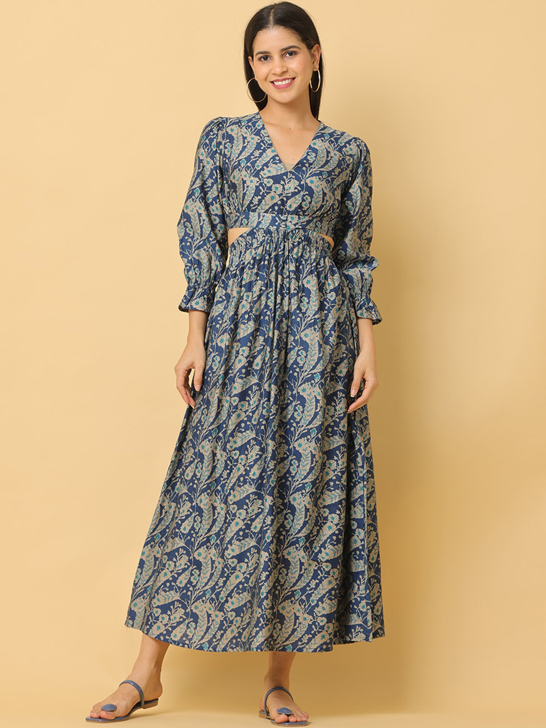 

Cora Floral Printed V-Neck Top With Flared Skirt, Navy blue