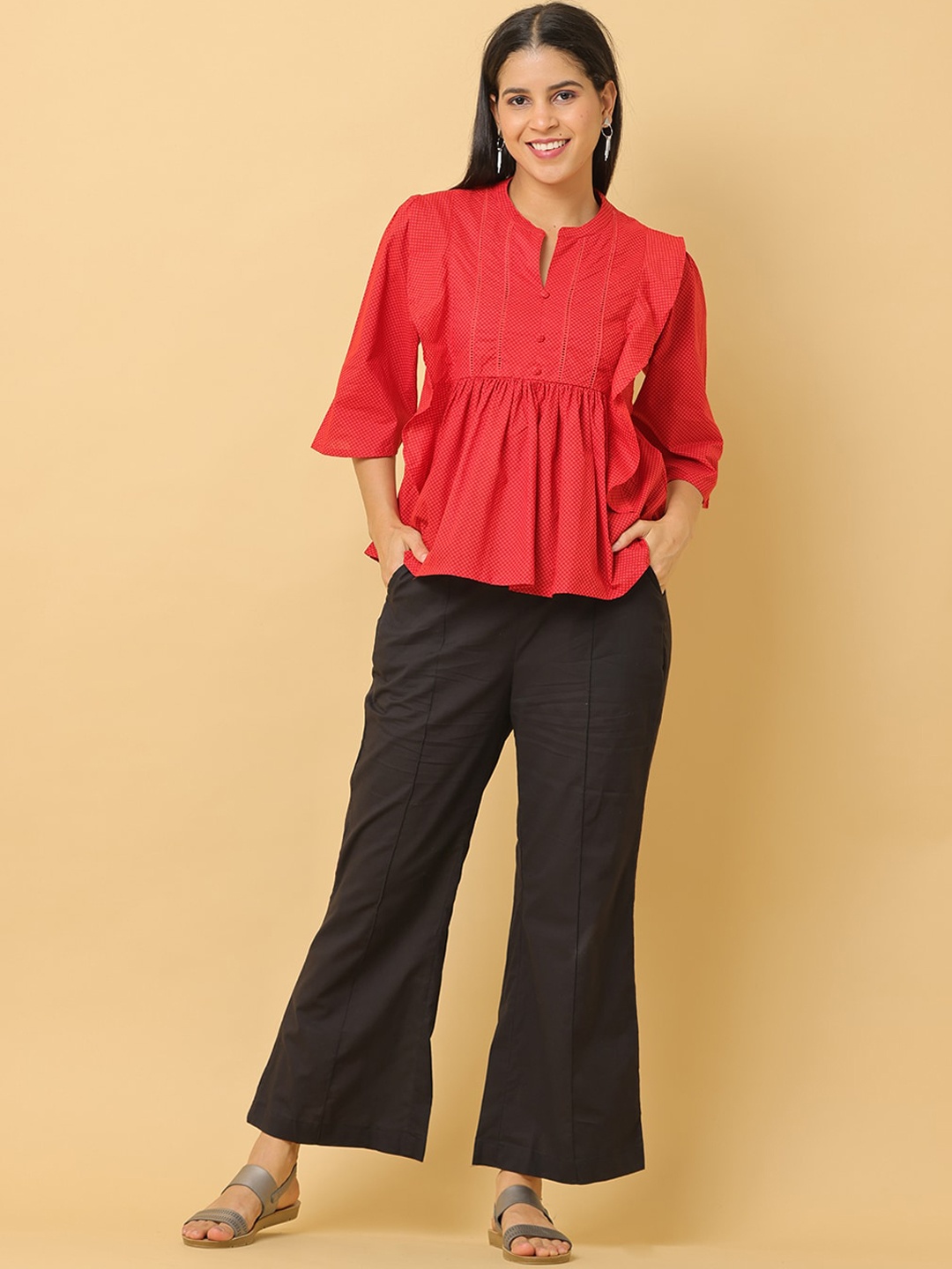 

Cora Printed Pure Cotton Top With Trouser Co-Ords, Red