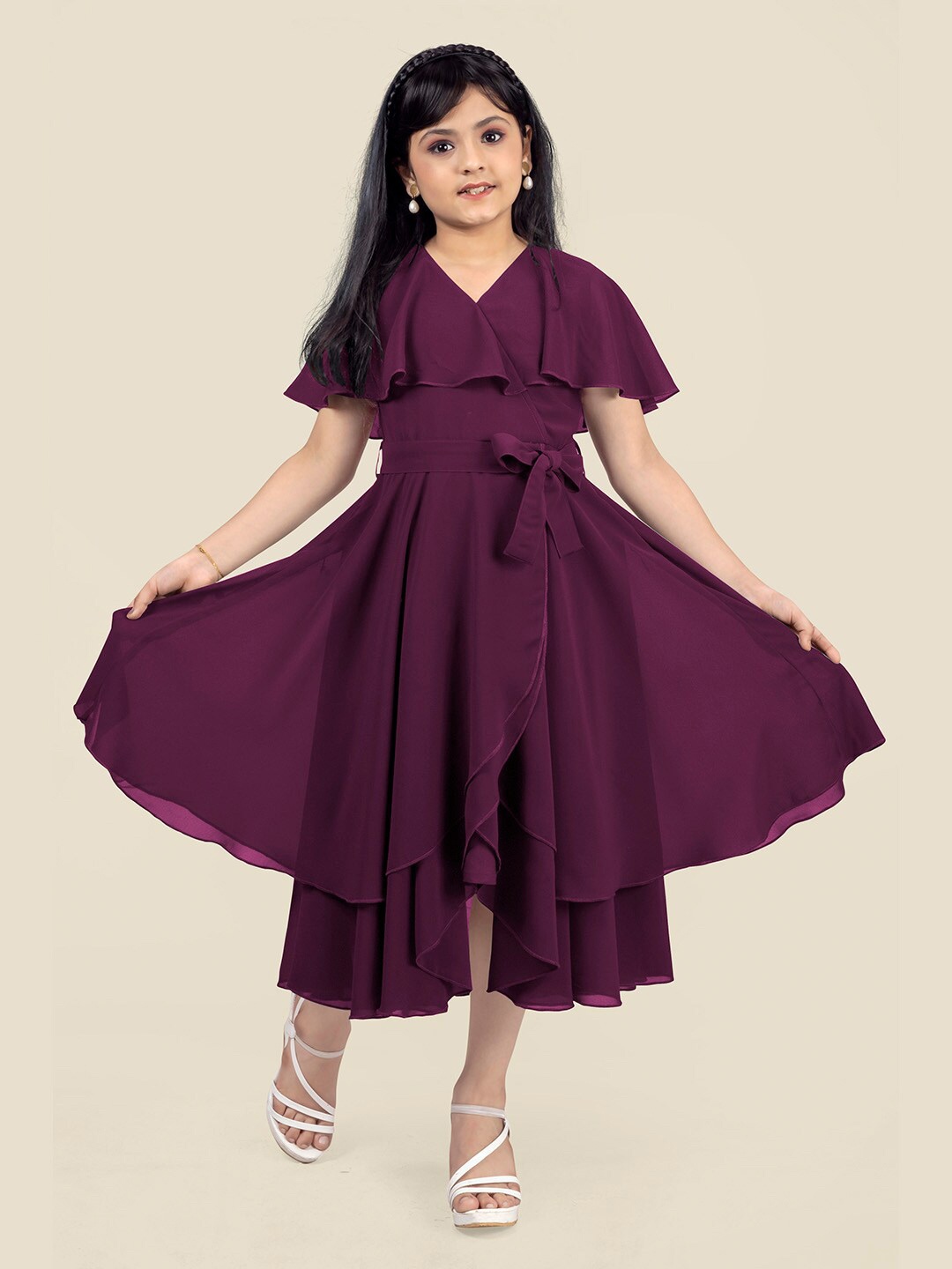 

FASHION DREAM Girls Flared Sleeve Georgette Tie Up Layered Wrap Midi Dress, Maroon