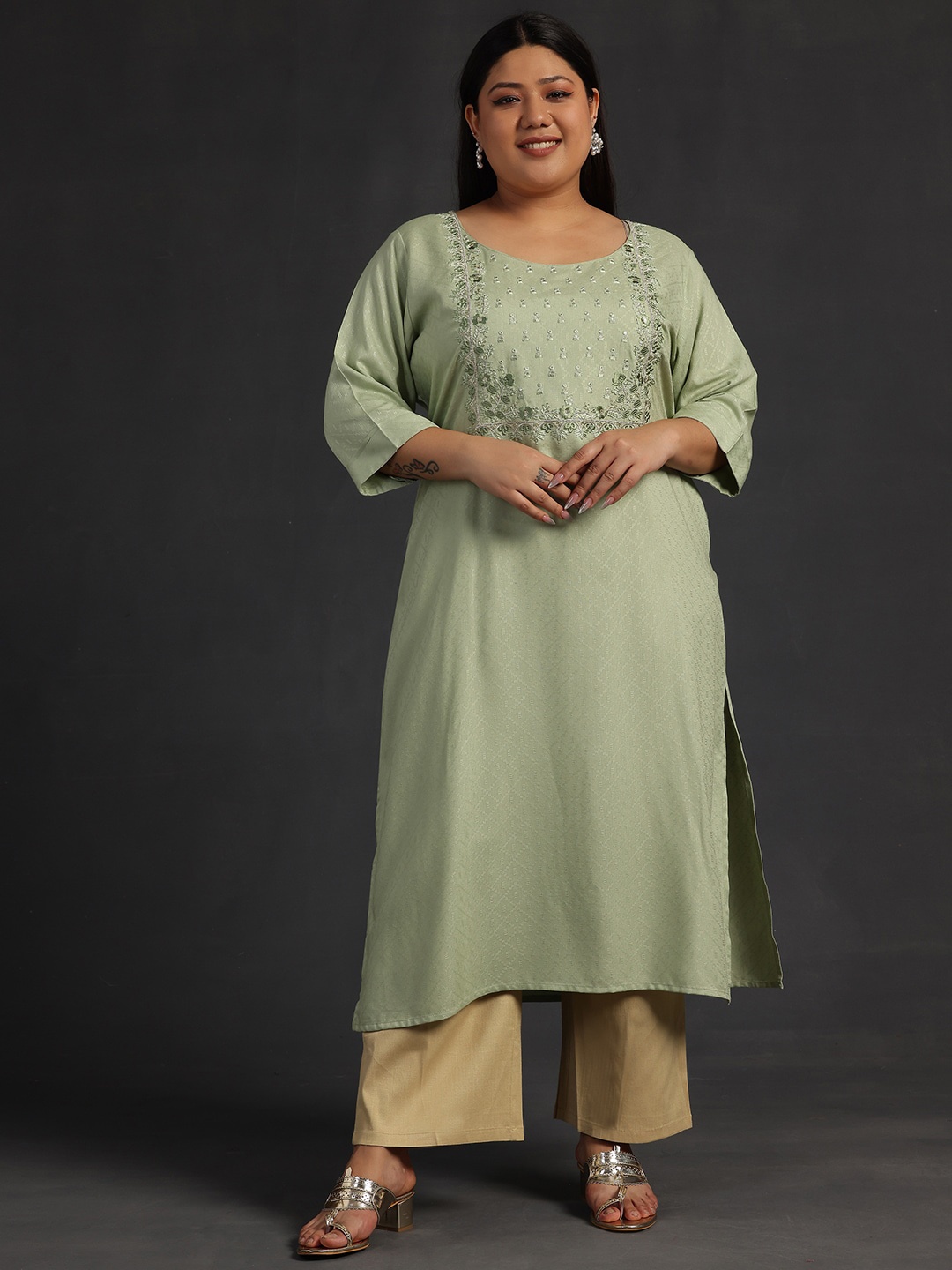 EXTRA LOVE BY LIBAS Plus Size Floral Woven Designed Thread Work Dobby Weave Straight Kurta, Green