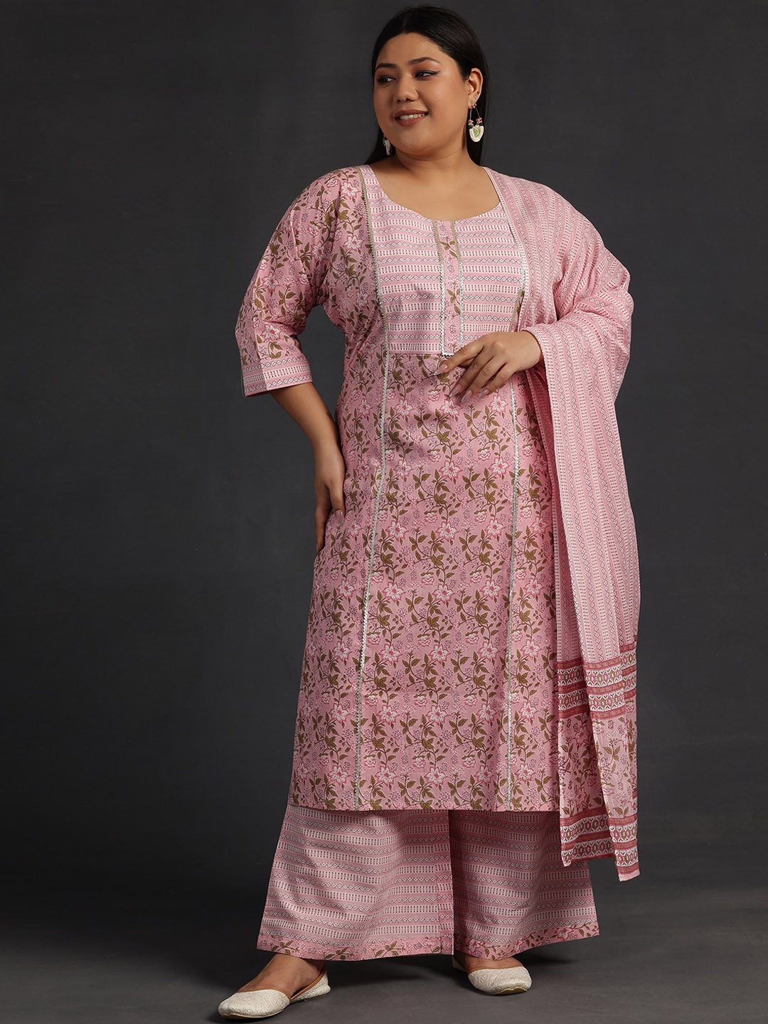 

EXTRA LOVE BY LIBAS Plus Size Yoke Design Cotton Straight Kurta With Palazzos & Dupatta, Pink