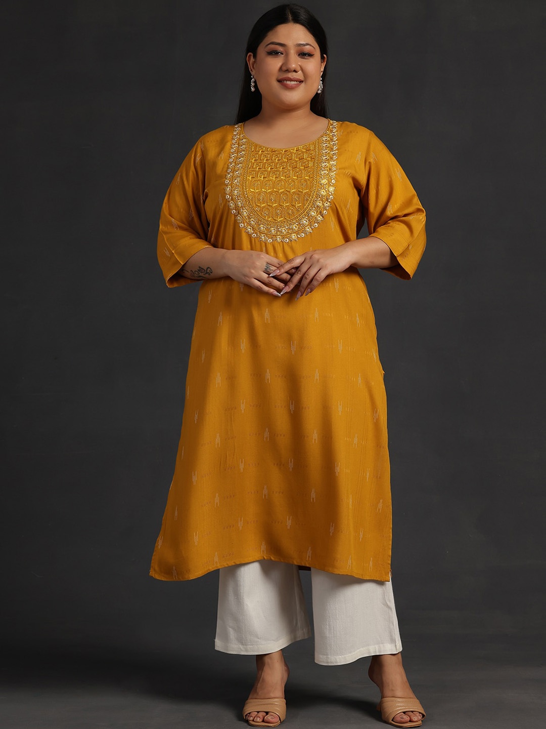 

EXTRA LOVE BY LIBAS Plus Size Ethnic Motifs Yoke Design Thread Work Straight Kurta, Mustard