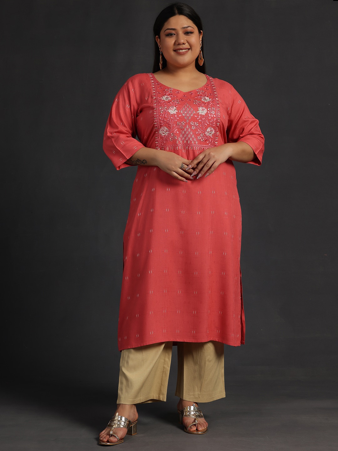 

EXTRA LOVE BY LIBAS Plus Size Ethnic Motifs Embroidered Round Neck Thread Work Kurta, Coral