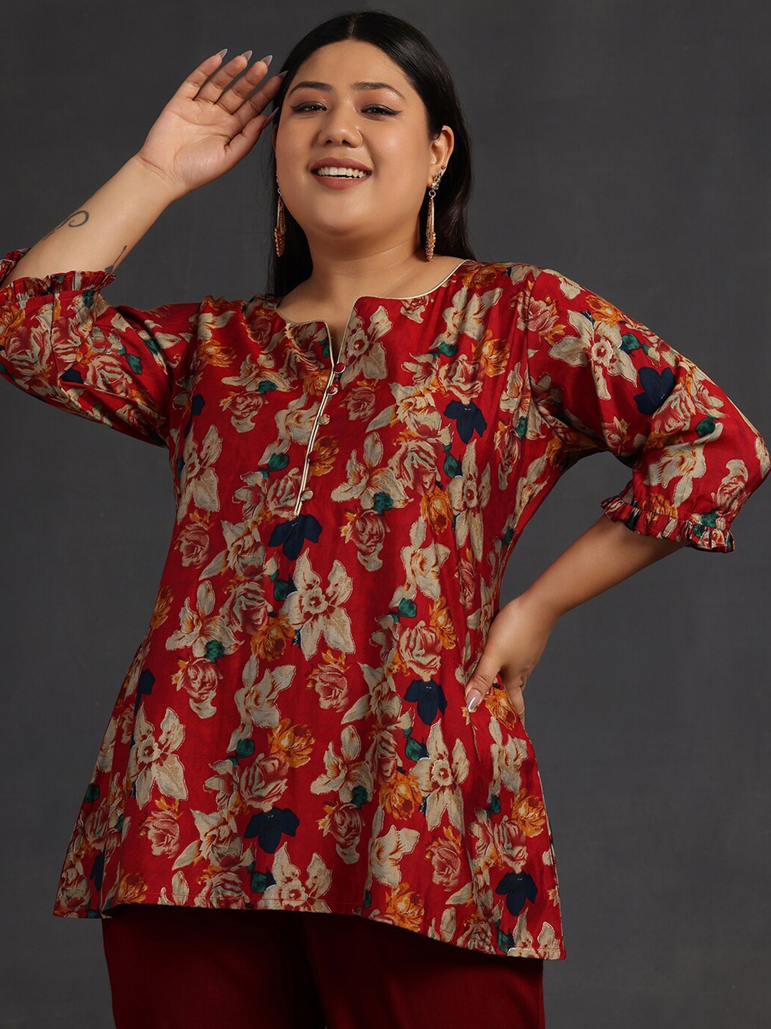 EXTRA LOVE BY LIBAS Plus Size Floral Printed Round Neck A-Line Kurti, Maroon