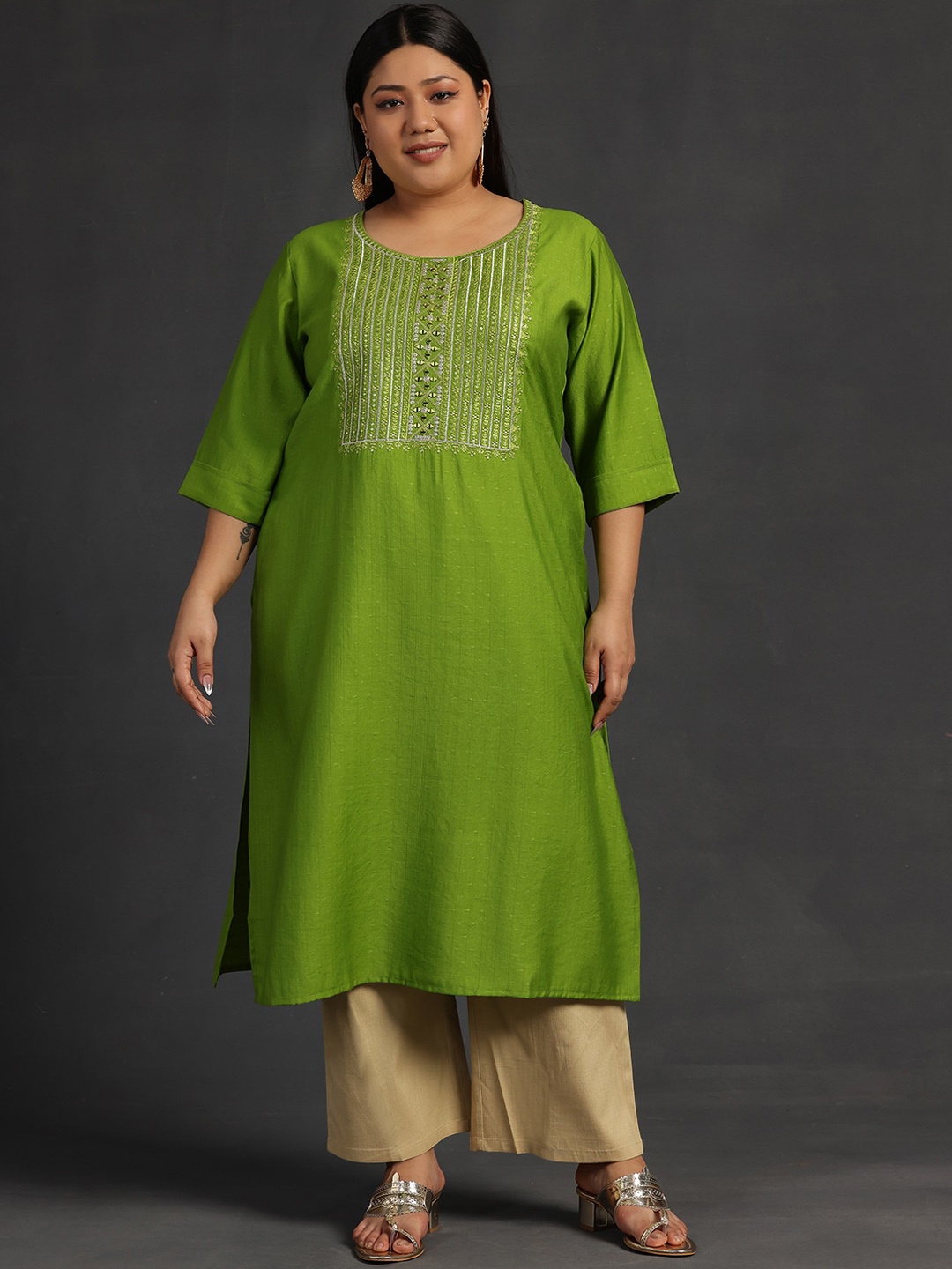 

EXTRA LOVE BY LIBAS Plus Size Ethnic Motifs Yoke Design Thread Work Straight Kurta, Green