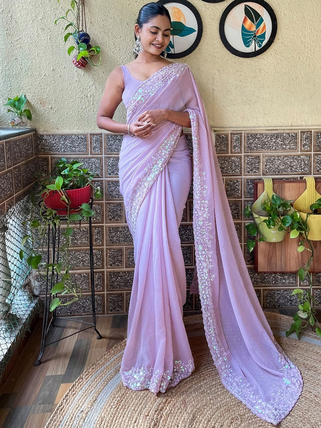 

Mitera Embellished Sequinned Poly Georgette Saree, Purple