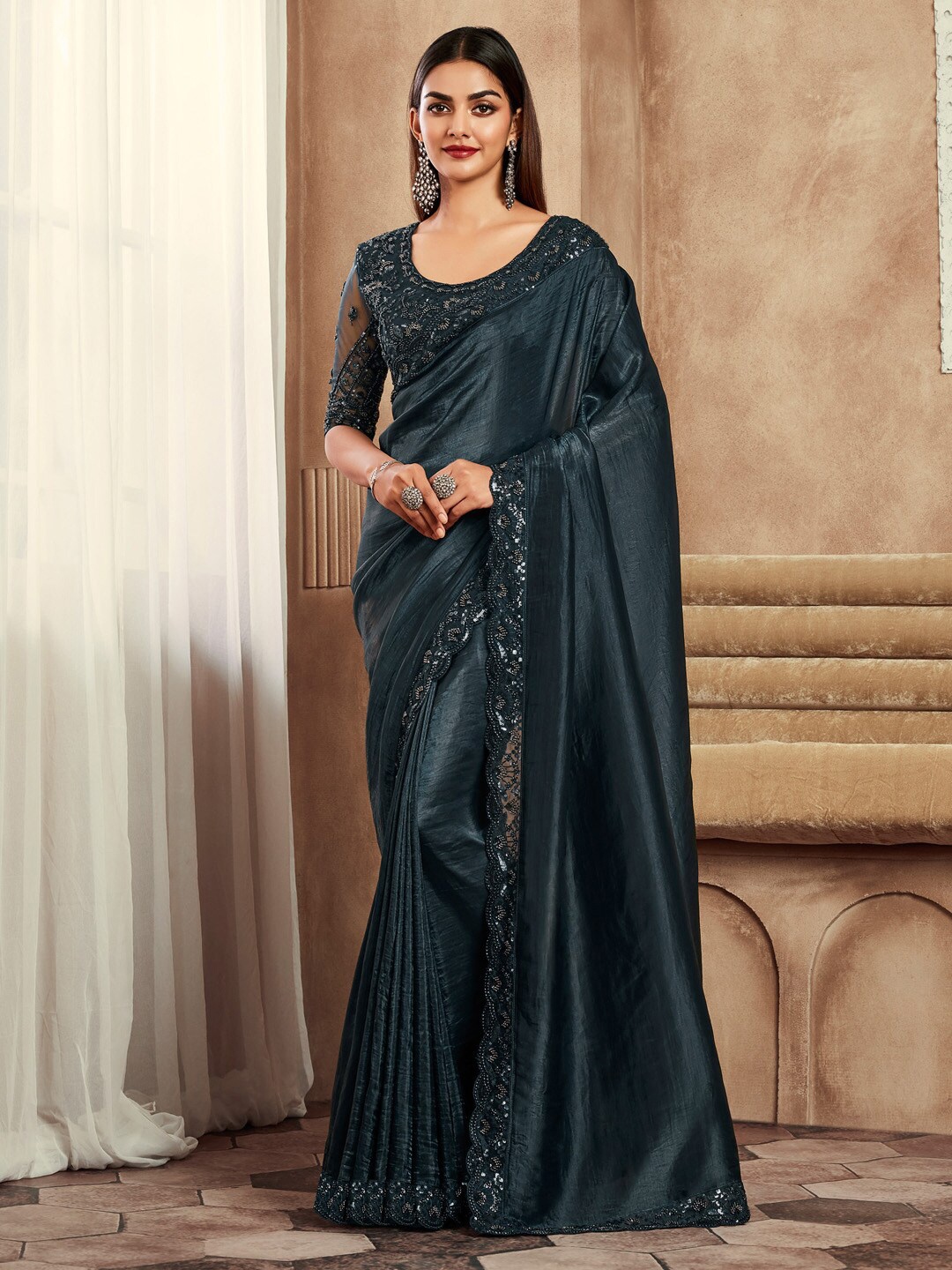 

Mitera Embellished Sequinned Satin Saree, Black