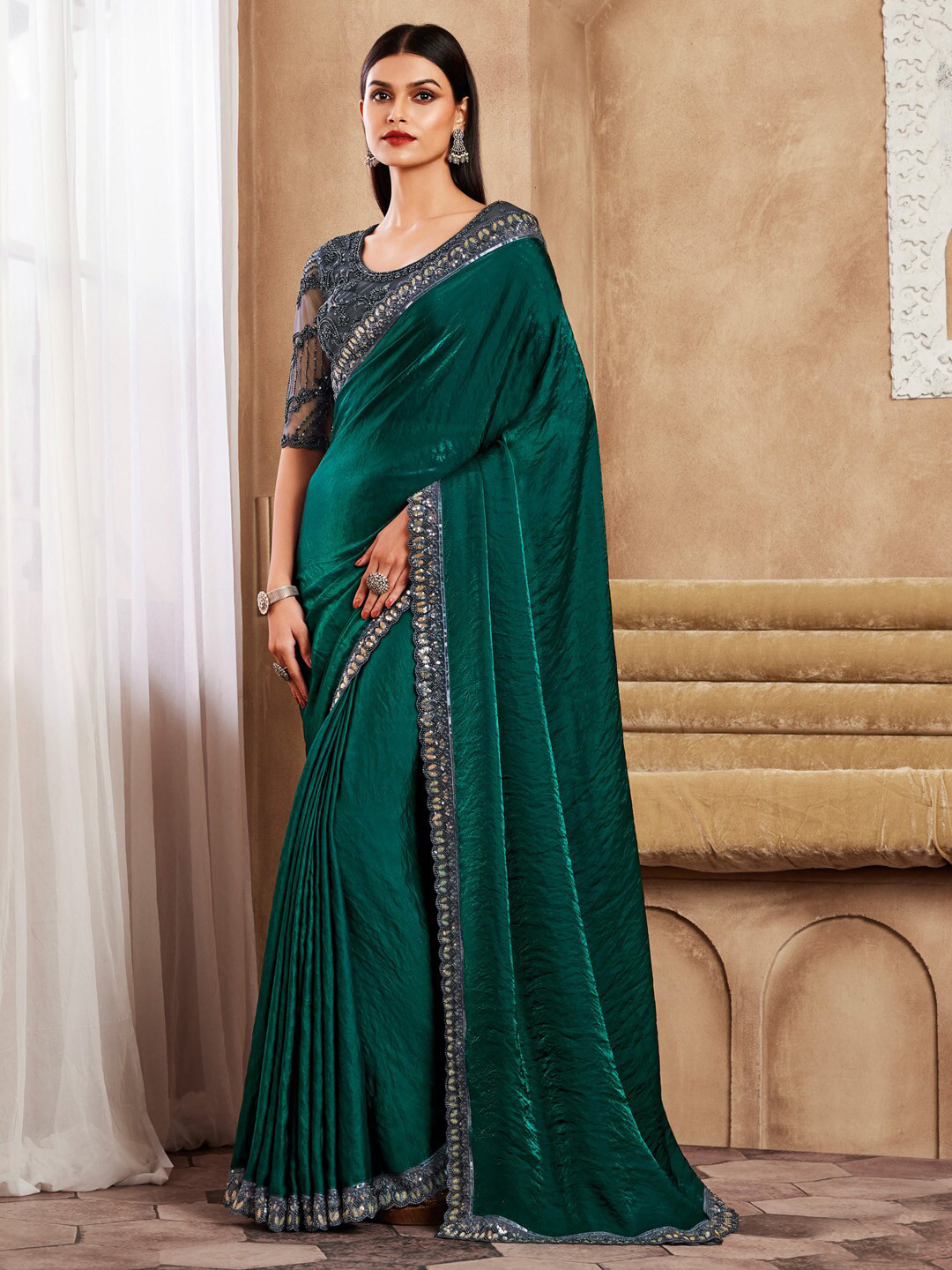 

Mitera Sequinned Satin Saree, Green