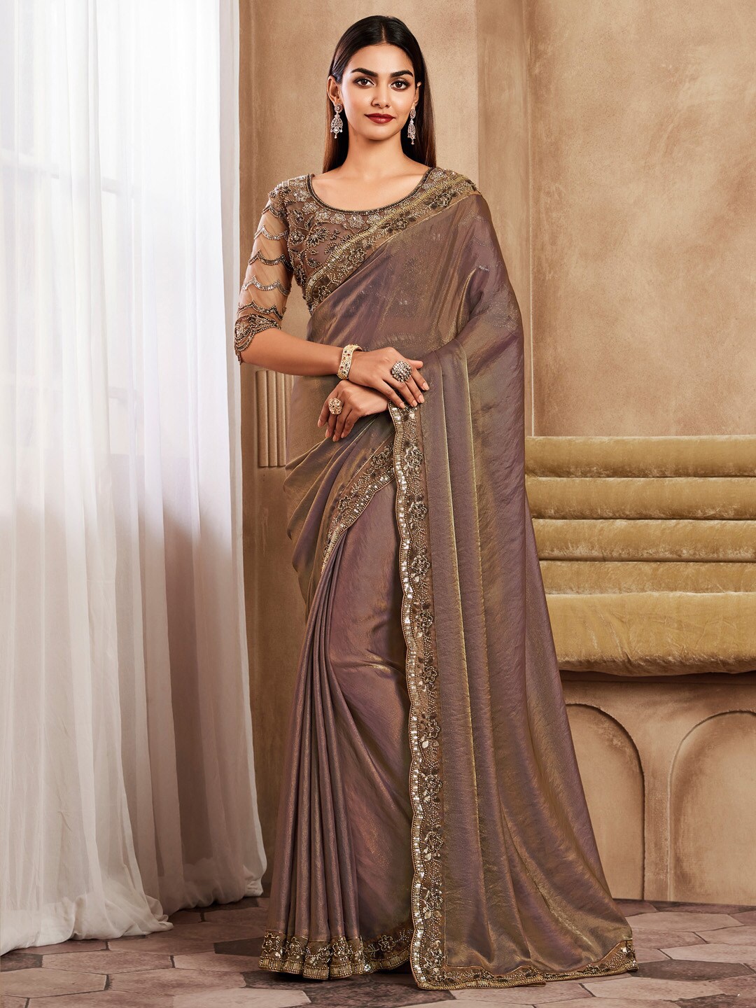 

Mitera Sequinned Embellished Satin Saree, Brown