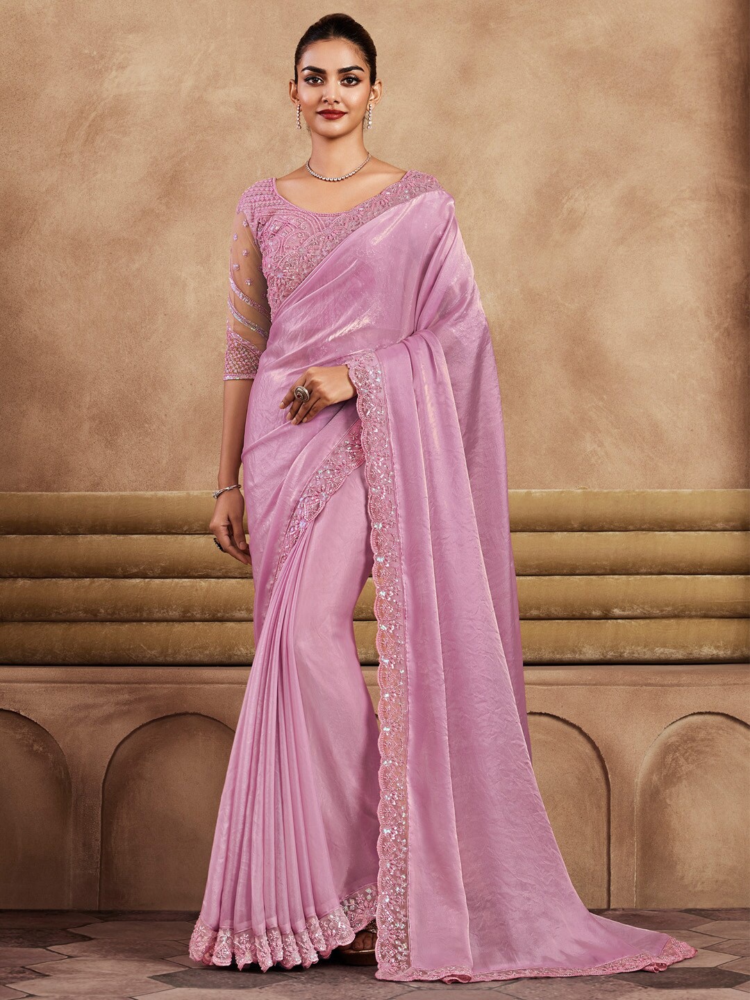 

Mitera Embellished Sequinned Satin Saree, Pink