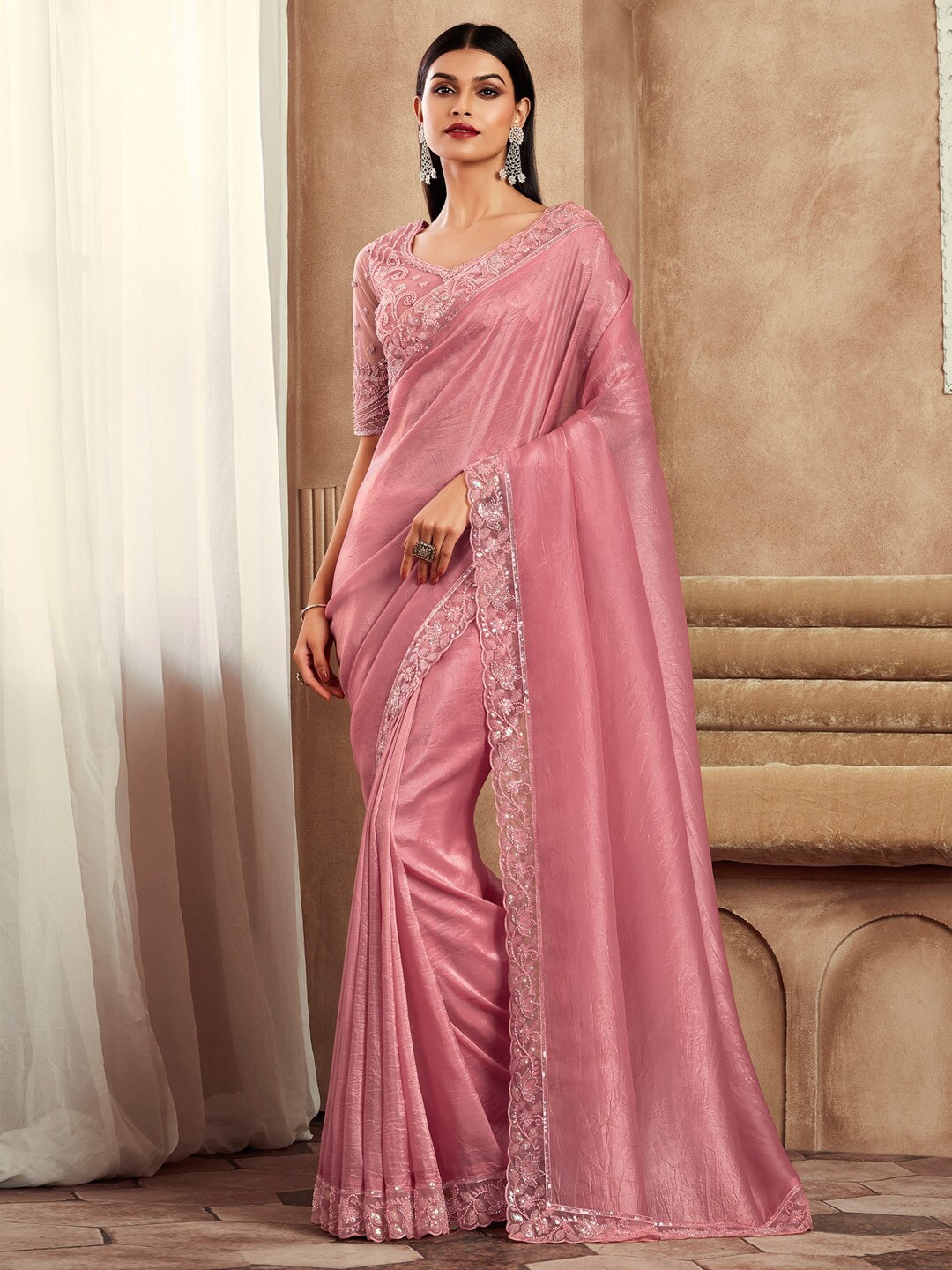 

Mitera Embellished Sequinned Satin Saree, Pink