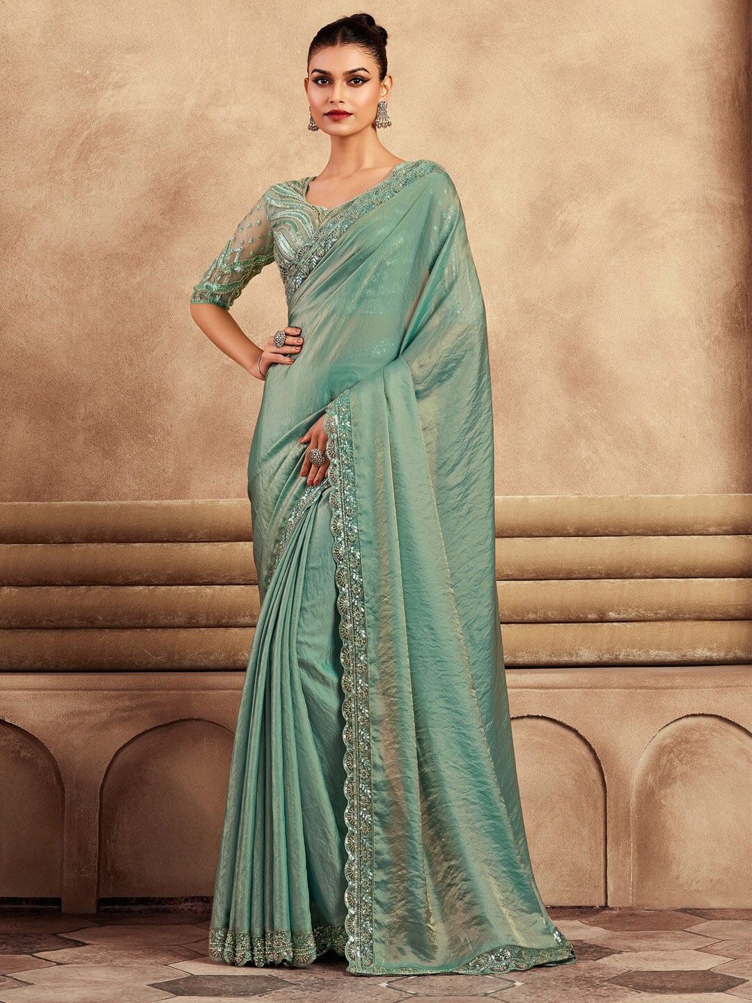 

Mitera Embellished Sequinned Satin Saree, Sea green
