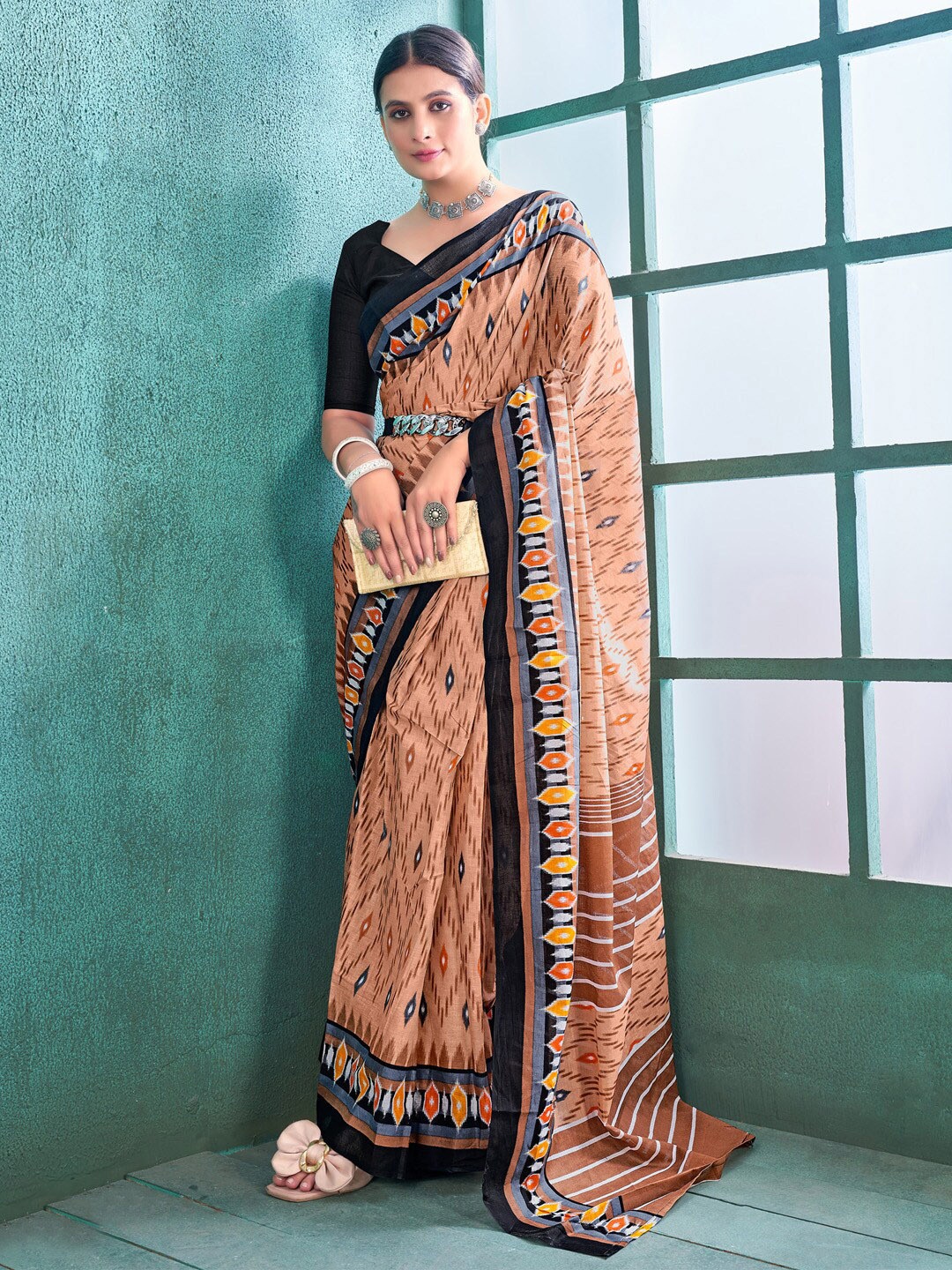 

KALINI Ethnic Motifs Printed Poly Cotton Ikat Saree, Beige