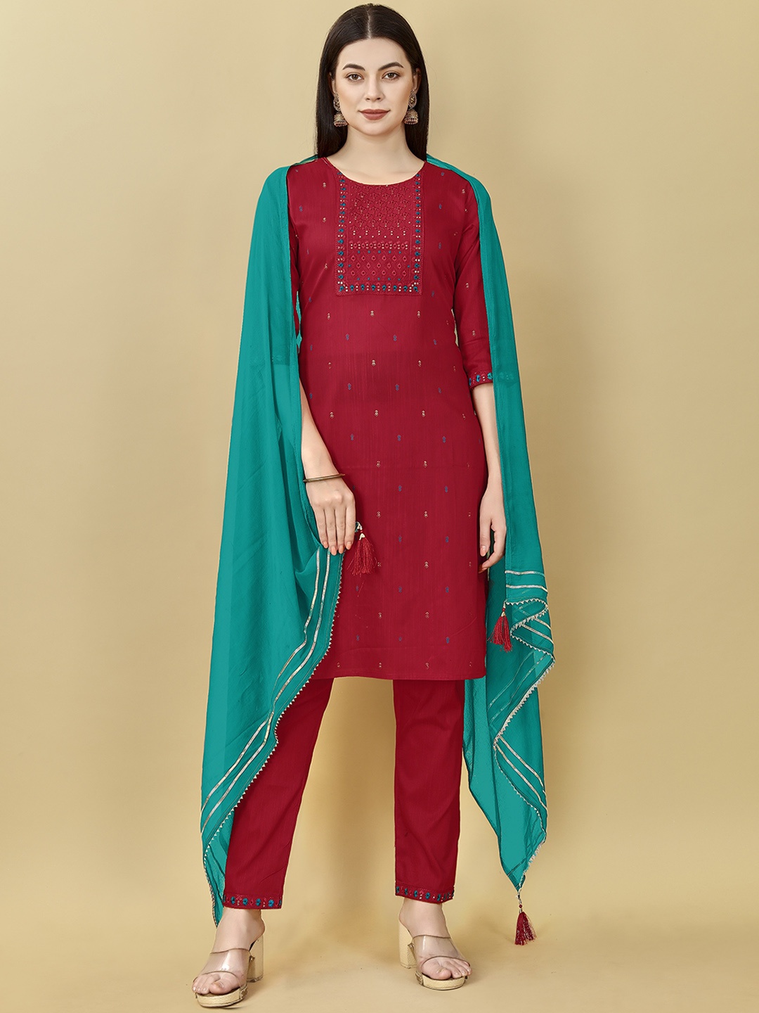 

Sangria Embroidered Round Neck Straight Kurta With Trousers & Dupatta, Red