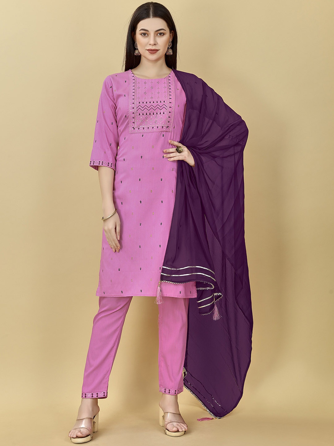 

Sangria Printed & Embroidered Straight Kurta With Trouser & Dupatta Set, Pink